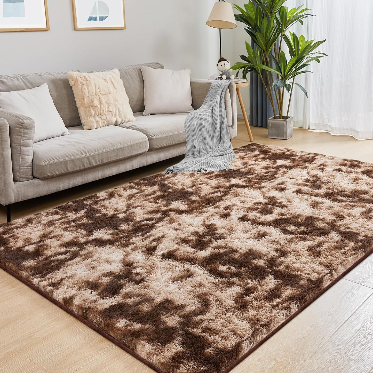 Ultra Soft Area Rugs for Living Room, 5x7 Tie-Dyed Brown Fluffy Plush Rugs for Bedroom, Non-Slip Floor Carpet for Kids Room, Bedside, Playroom, Corridor, Indoor Decor