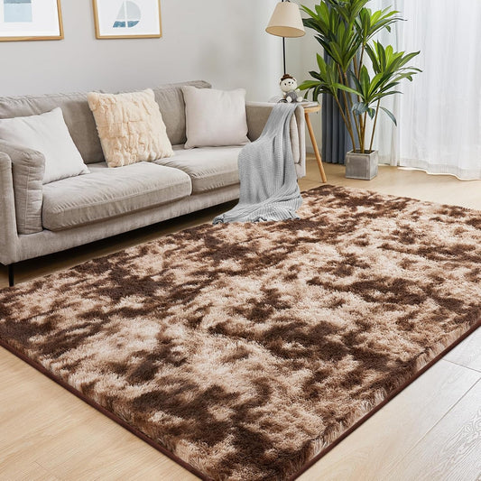 Ultra Soft Area Rugs for Living Room, 5x7 Tie-Dyed Brown Fluffy Plush Rugs for Bedroom, Non-Slip Floor Carpet for Kids Room, Bedside, Playroom, Corridor, Indoor Decor