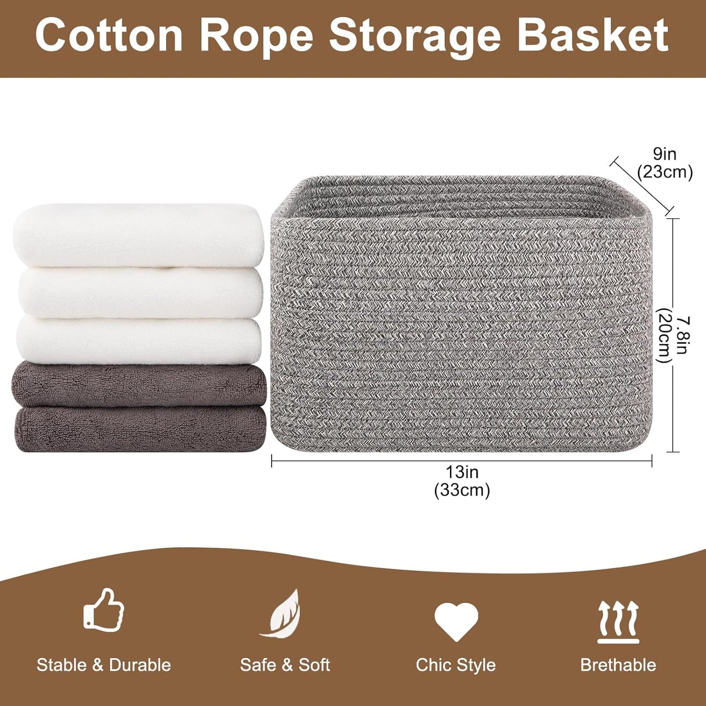 Storage Baskets for Organizing, Woven Decorative Baskets for Shelves - Books, Towels, and Clothes, Cotton Rope Toy Storage Bins, 12.7''Lx9''Wx7.8''H, Pack of 4, Grey