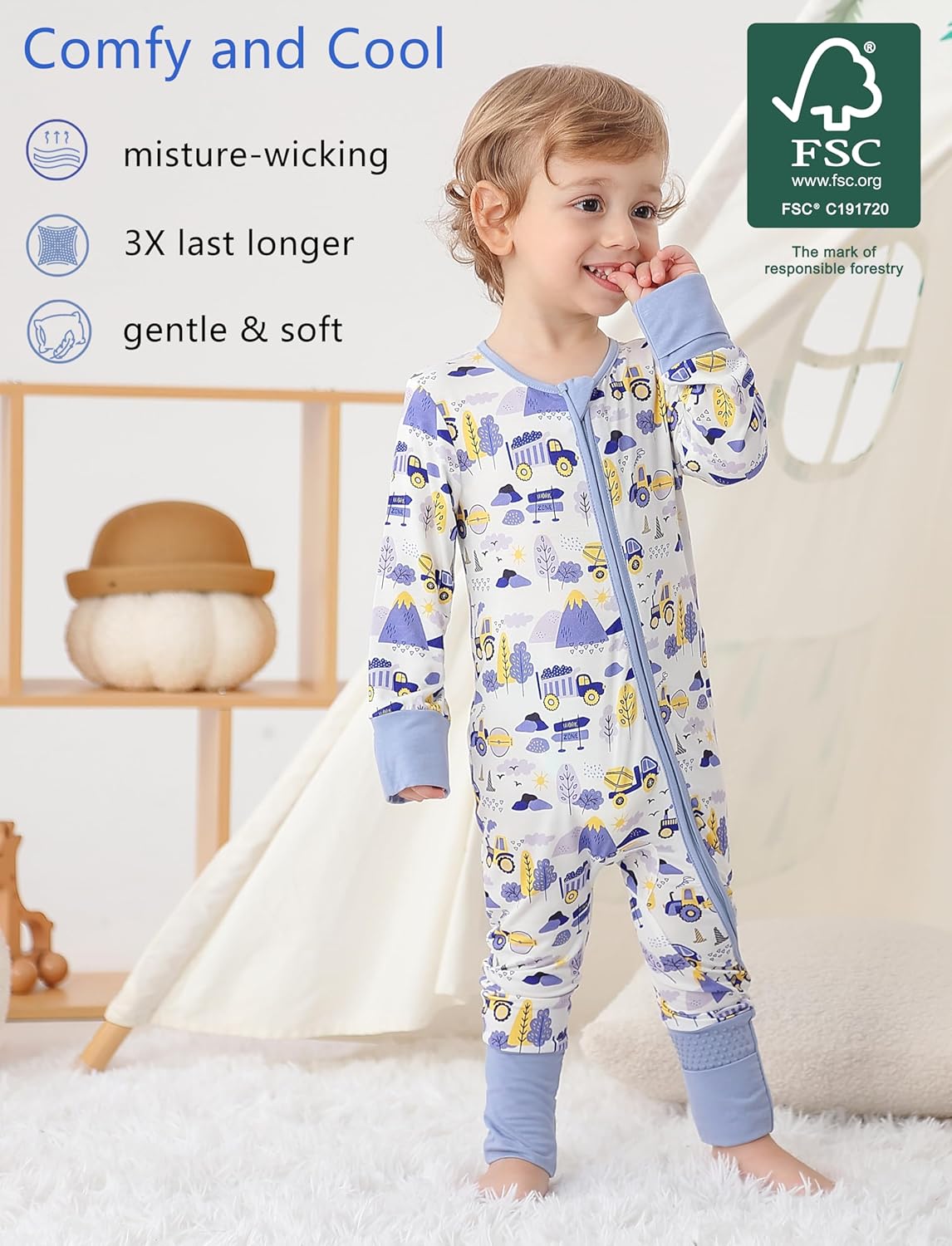 JunNeng 2Pcs Baby Rayon from Bamboo Sleeper with Mitten Cuffs, Footless Zipper Cozy Pjs, Non-Slip Soles Romper