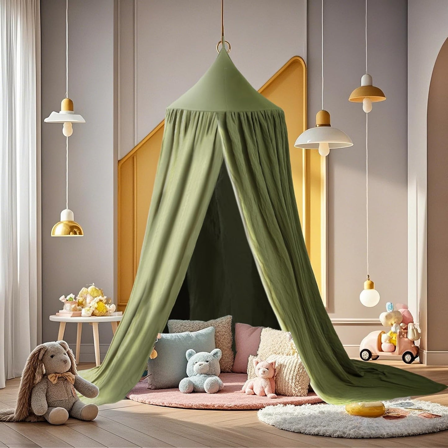Cotton Kids Bed Canopy, Nursery Room Baby Crib Hanging Curtain Mosquito Net Hideaway Bedding Children Reading Nook Decoration, Pastel Neutral Color for Boys & Girls (Khaki)