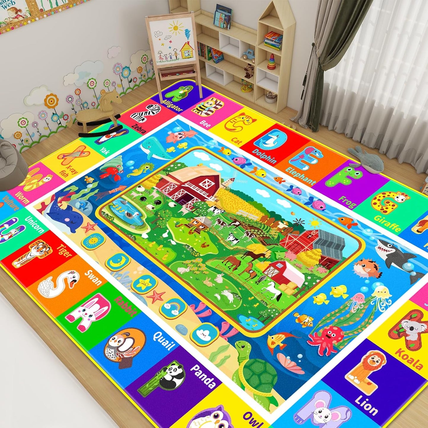 Kids Rug for Playroom, Kids Baby Playmat with Farm Sea Animal, Alphabet ABC Educational Rug, Floor Play Mat Carpet for Bedroom Preschool Classroom (59 X 39.4 INCH, Farm)