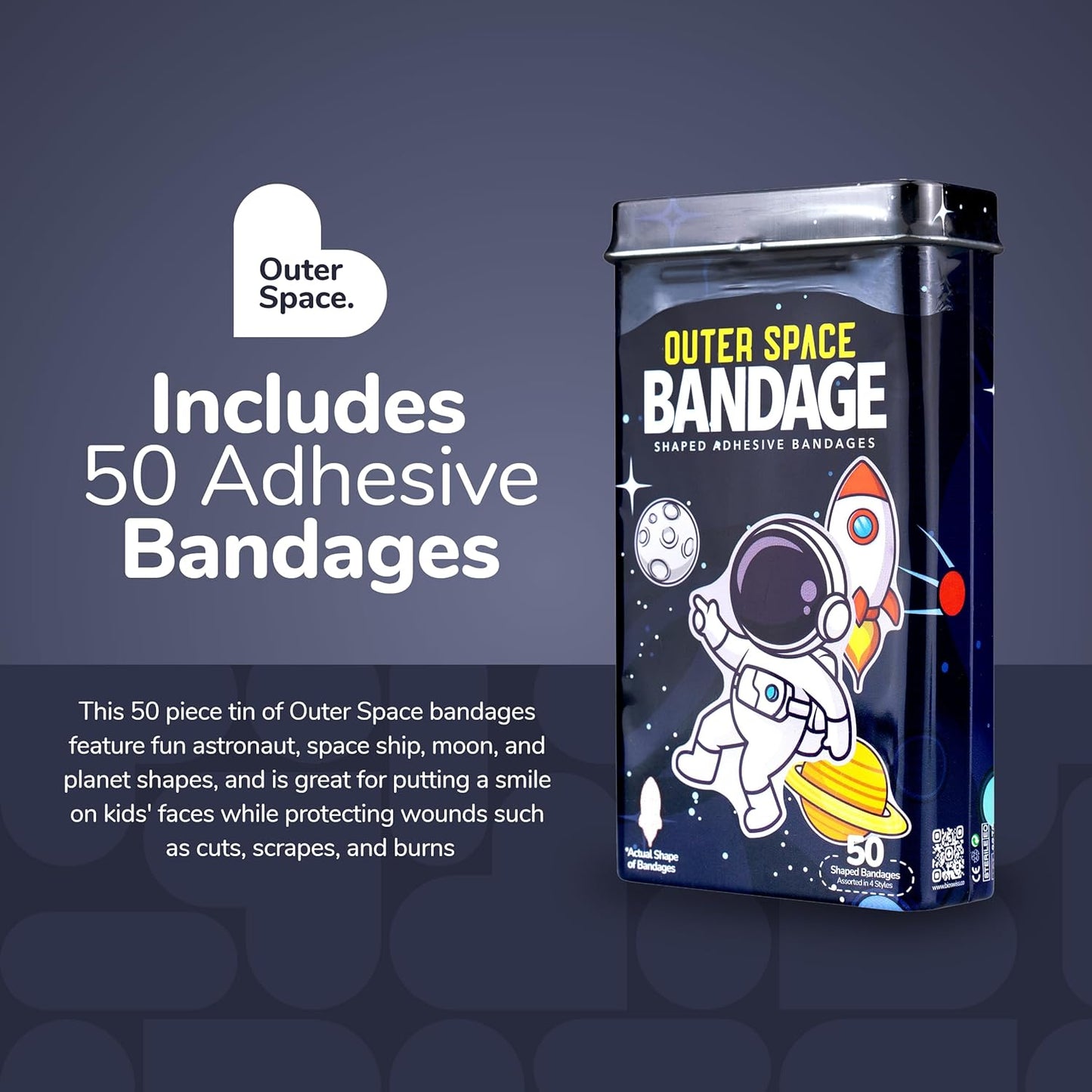 BioSwiss Bandages, Outer Space Shaped Self Adhesive Bandage, Latex Free Sterile Wound Care, Fun First Aid Kit Supplies for Kids and Adults, 50 Count