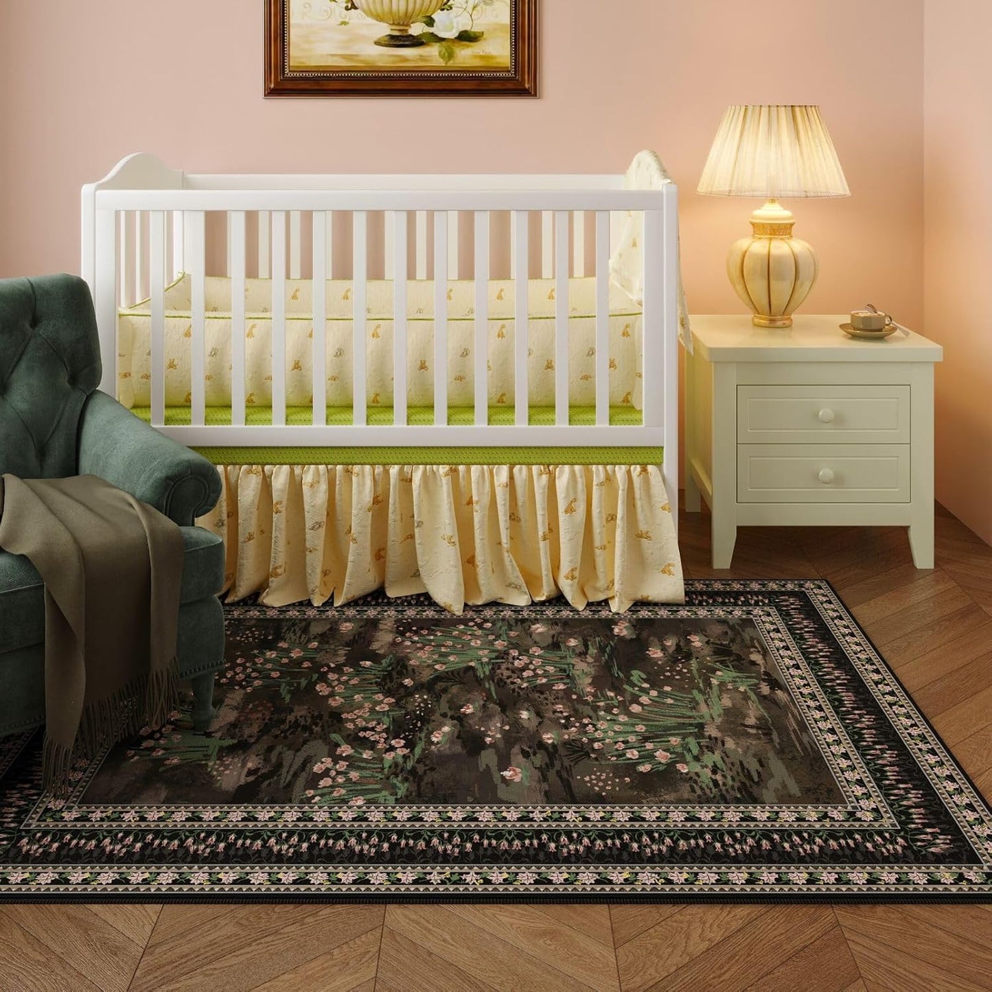 5x7 Area Rugs Impressionist-Style Vintage Washable Area Rug Non Slip Low Pile Large Rugs for Living Room Bedroom Farmhouse Dining Room Kids Playroom, Black