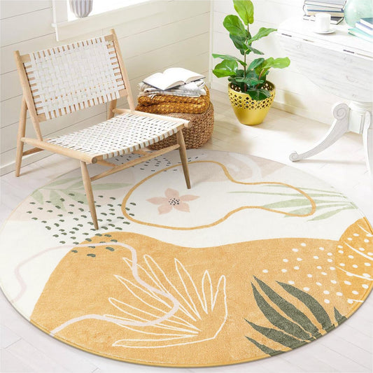Lahome Boho Round Area Rug 4Ft - Washable Non-Slip Kitchen Rug, Bedroom Carpet, Ultra-Thin Soft Cute Nursery Kids Room Rug, Botanical Print for Dorm Bathroom Classroom Entryway