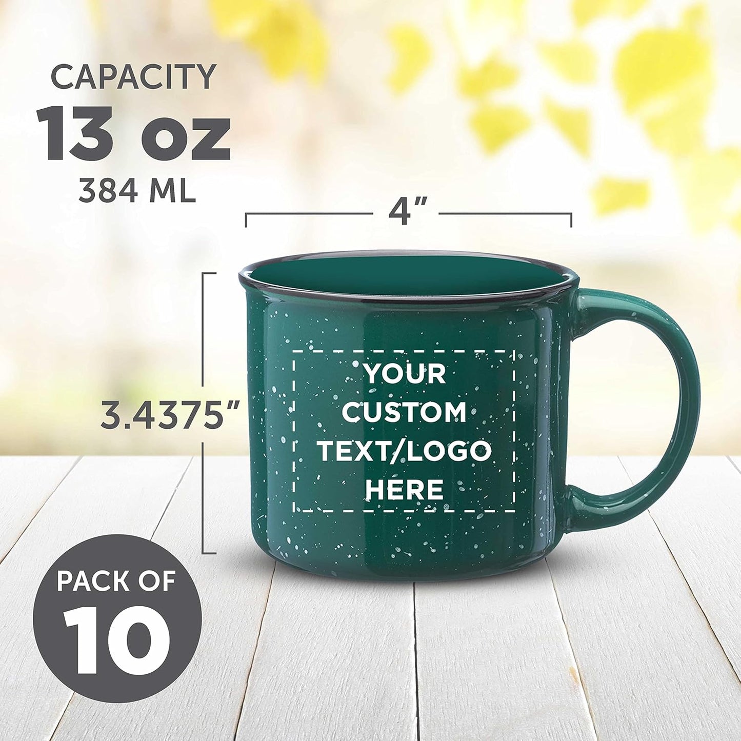 DISCOUNT PROMOS Custom Ceramic Campfire Coffee Mugs 13 oz. Set of 10, Personalized Bulk Pack - Perfect for Tea, Espresso, Cappuccino, Hot Cocoa - Green