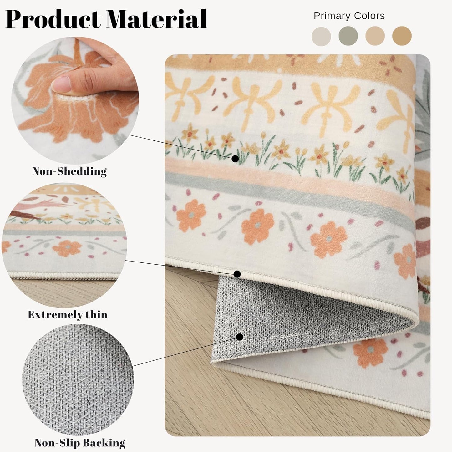 Door Mat Indoor Entrance 2x3 Rug Machine Washable Vintage Floral Botanical Small Area Rug Non-Slip Low Pile Throw Rugs for Entryway, Kitchen, Front Door Entrance, Entry, Kids Room, Yellow