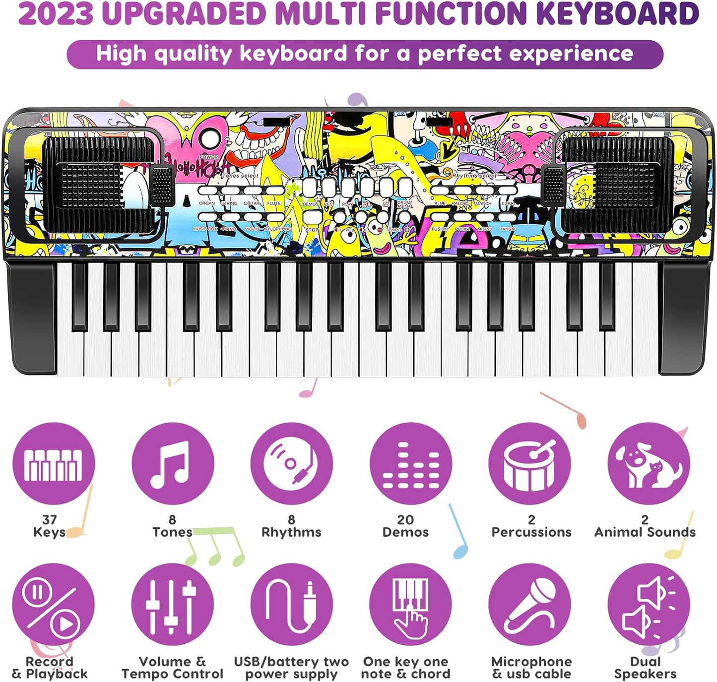 Kids Keyboard Piano, 37 Keys Keyboard Electric Digital Piano, Early Learning Educational Musical Toys Piano for Kids Toddlers Beginners with Music Stand, Microphone - Christmas Birthday Gifts, Black