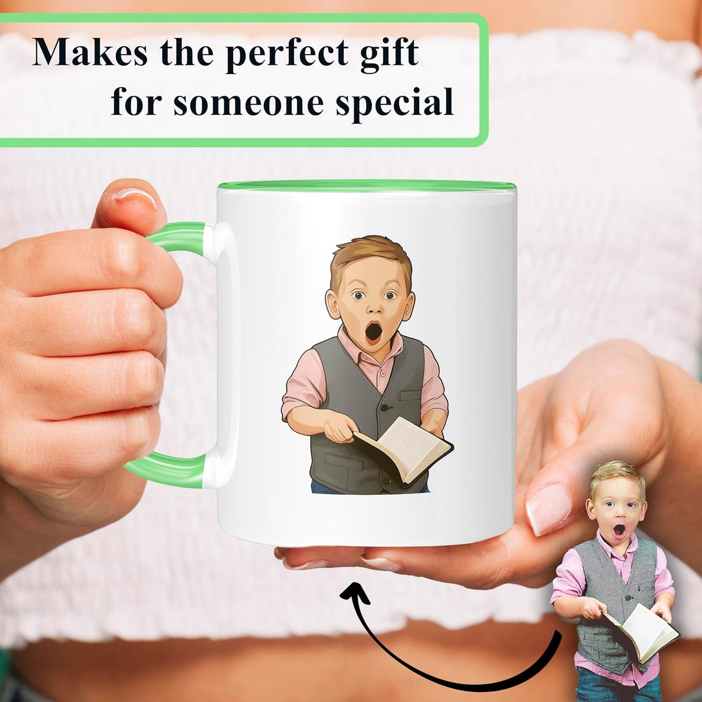 Personalized Coffee Mug, Custom Drawing Portrait Gift, Funny Customized Coffee Gift for Men & Women, Custom Mugs with Pictures, Light Green 11oz Customized Ceramic Tea Cup