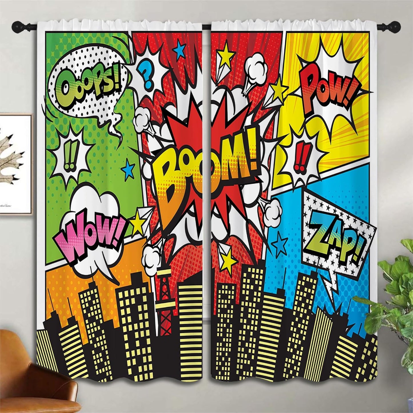 Superhero City Wars Explosion Rod Pocket Blackout Curtains for Boy Girl Bedroom, Colorful Comics Ar Thermal Insulated Home Window Drapes for Living Room Darkening, 55x63 inch