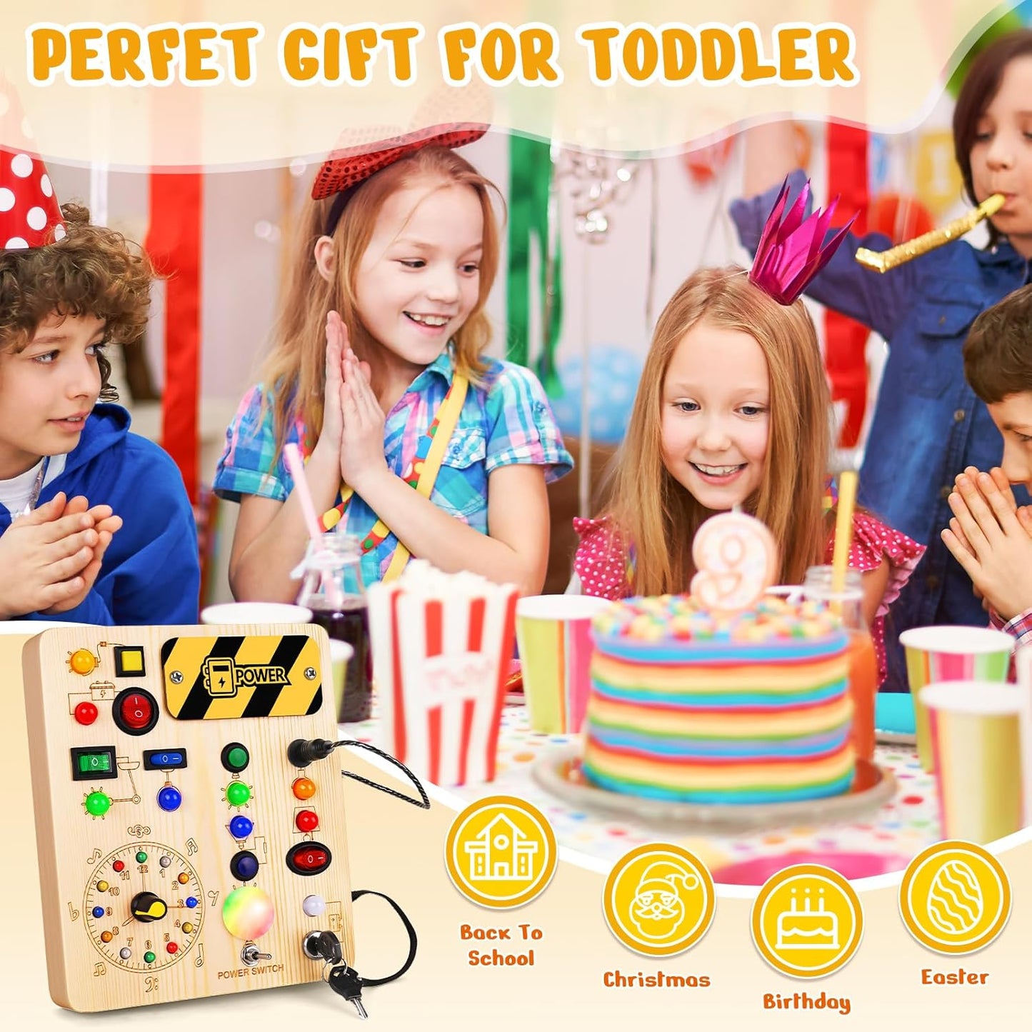 Busy Board with Led Light, Montessori Toys for 1-3 Years Old Boys Girls Wooden Toddler Toys Birthday Gift Educational Toys for 1+ Year Old, Toddler Travel Toy Sensory Toys for Kids with Autism