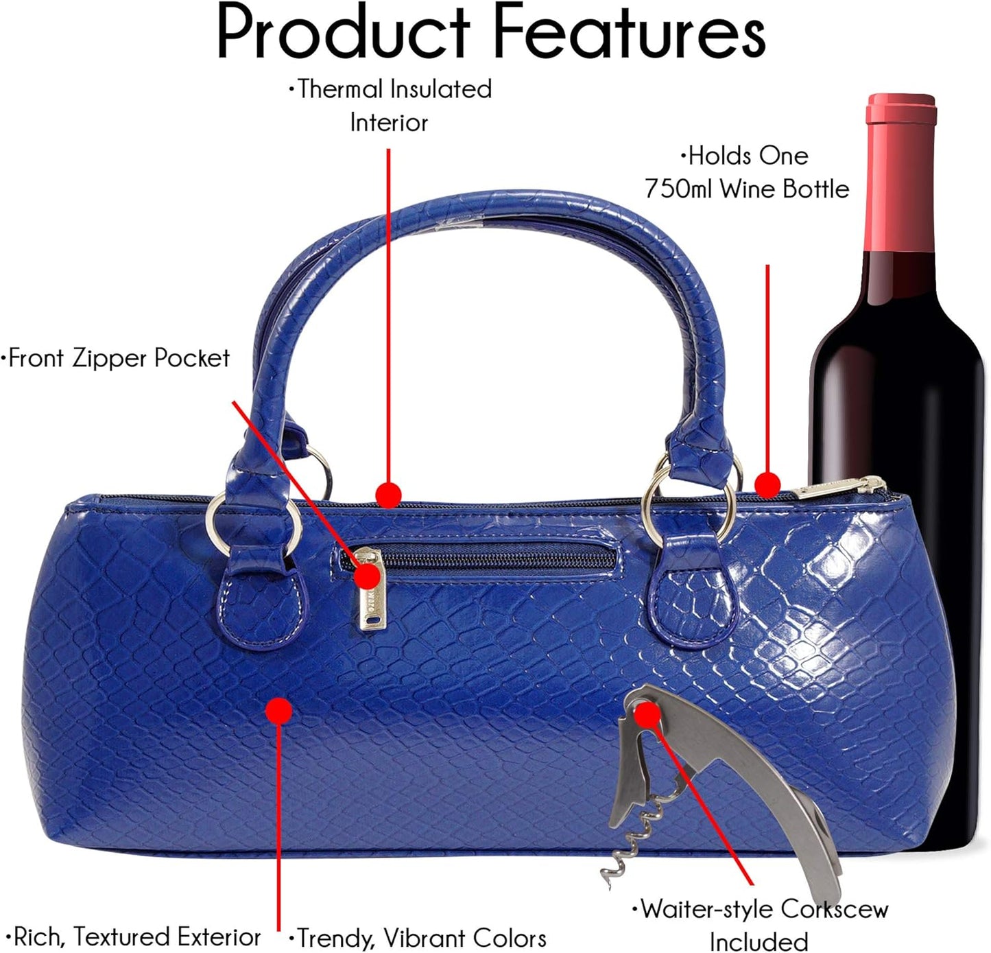 Wine Clutch Bag (Thermal Insulated) Trendy Women’s Carry Tote | Holds Red & White 750mL Bottles | Trendy Fashion | Incl. Portable Waiter-Style Corkscrew (Blue Burmese)