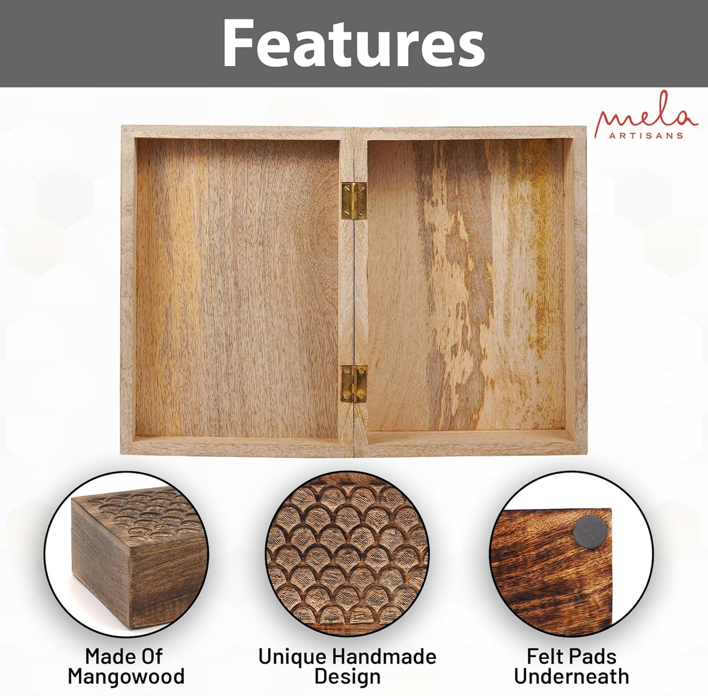 Mela Artisans Carved Scallop Mango Wood Box with Lid - Medium Burnt Extra Large Box - Handmade Decorative Box with Lid for Use As Memory BoxKeepsake BoxPhoto Storage Boxand more - 10.5” x 7.5” x 4”