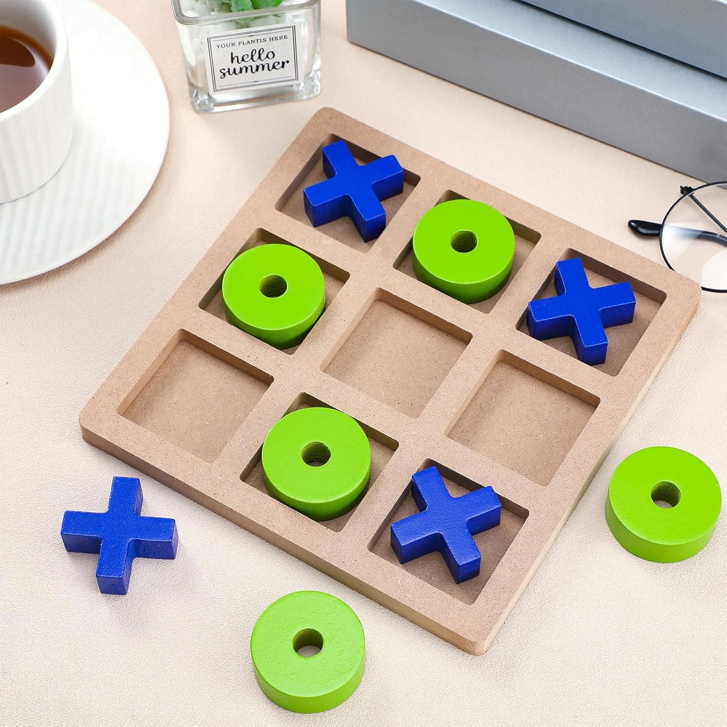 Wooden Tic Tac Toe Game Tic Tac Toe Board Game 7 Inch Wood Board Table Top Living Room Decor Fun Family for Family Night Indoor Outdoor Party Adults Classic Travel(Blue Green)