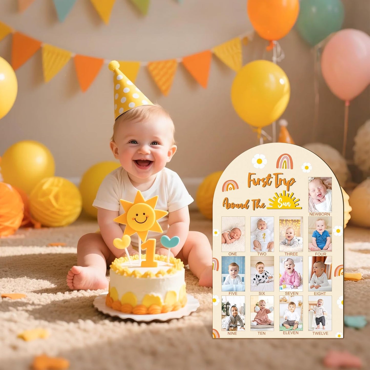 R HORSE My First Year Photo Frame Board, 3D Boho Sun Rainbow Display Wood Board, Baby’s 1st Year Picture Frame, 12 Months Milestone One Year Old Birthday Decoration, Baby Keepsake Gift for Boy Girl