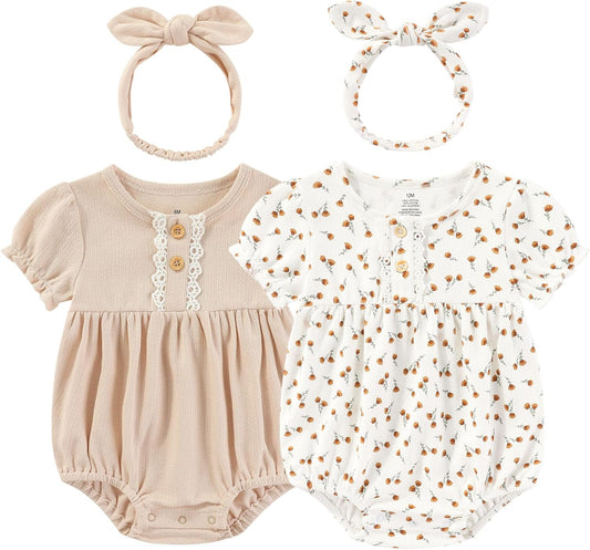 Baby Girl Clothes Cotton Bubble Romper Floral Bodysuits Infant Outfit Set