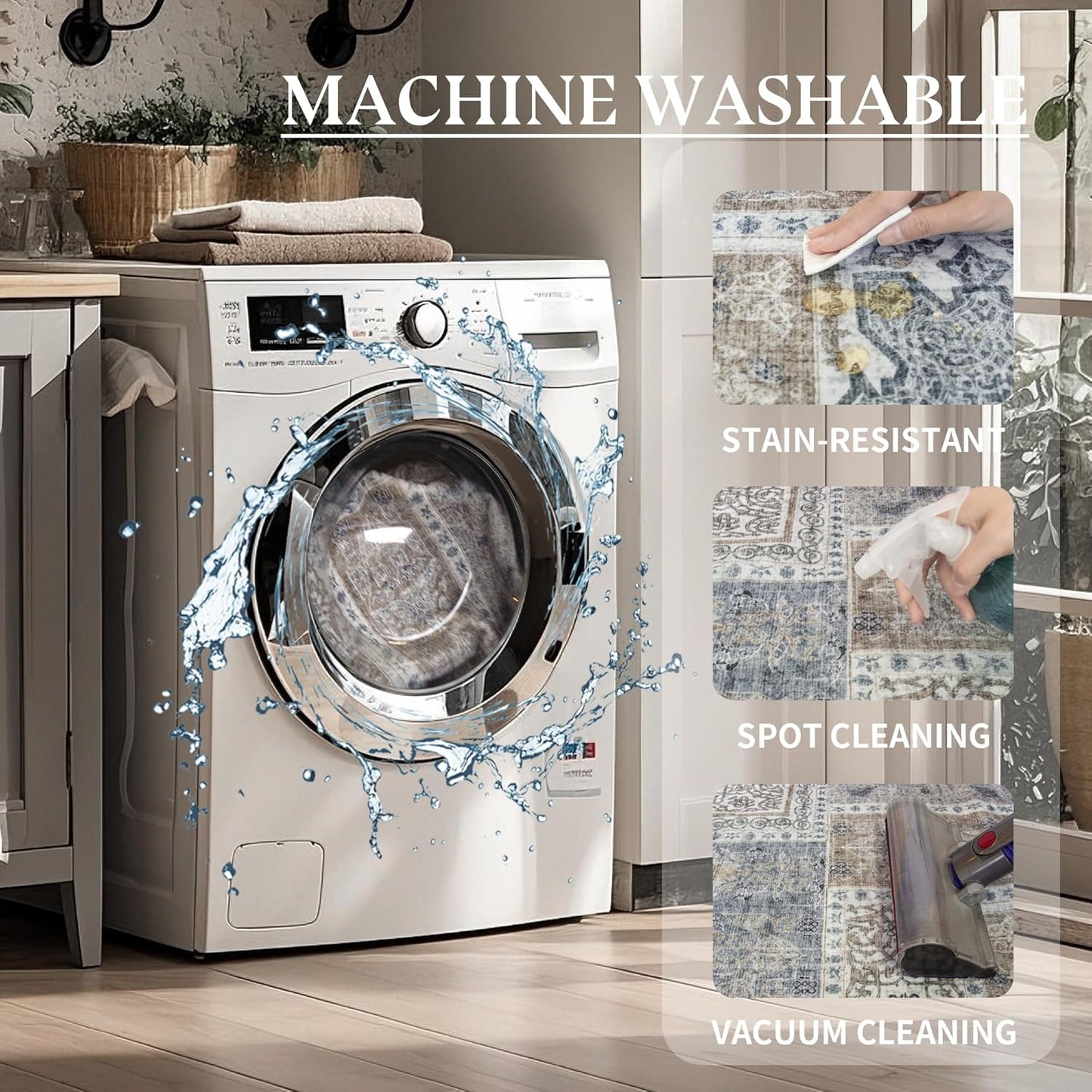 10x14 Area Rug Washable: Oriental Soft Area Rug for Living Room Bedroom No Shedding - Low Pile Thin Carpet Rug for Dining Room Non Slip - Boho Vintage Rug for Home Decor - Blue Grey