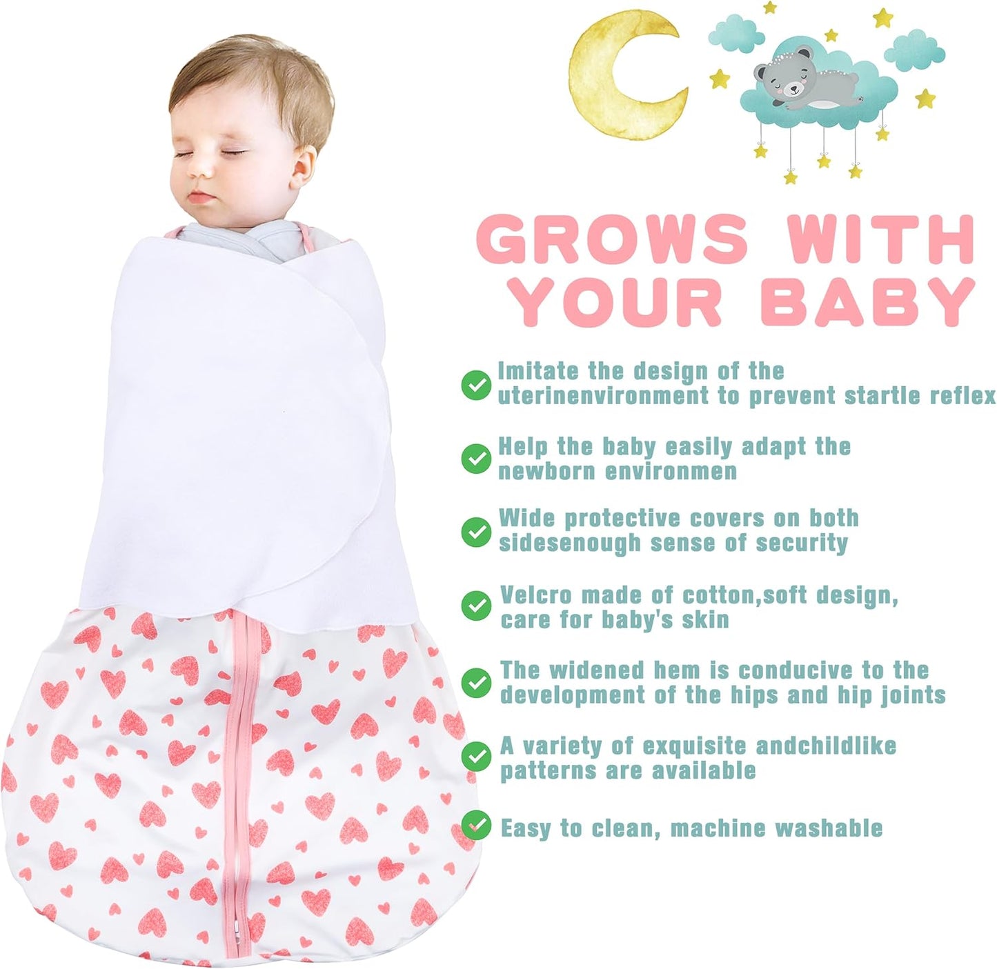 Newborn Sleep Sack Baby Swaddle,0-3 Months,3-Way Adjustable Wearable Blanket,100% Rayon Cotton Swaddling Sleeping Bag，TOG 0.5（Heart&Floral）