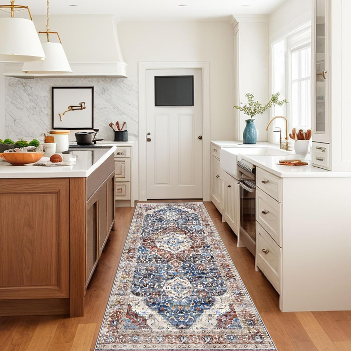 Boho Runner Rug 3x8 Low Pile Rug Runners for Hallway Kitchen Distressed Carpet Runner Rug Non-Slip Brown/Navy Blue