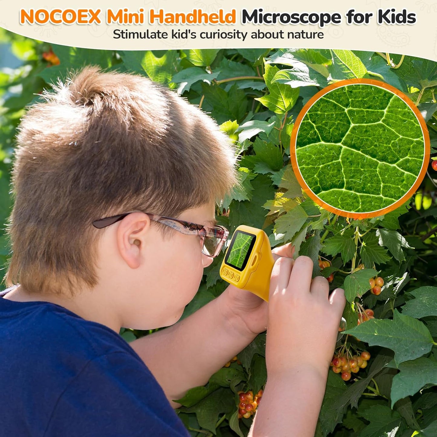 NOCOEX 1000X Handheld Kids Microscope for Edu Gift - 8 LED Light Portable Microscope for Kids, Photo & Video Mini Digital Micro Scope, Type C Charging 2'' Screen Windows & Mac OS for Age 3-12 Student