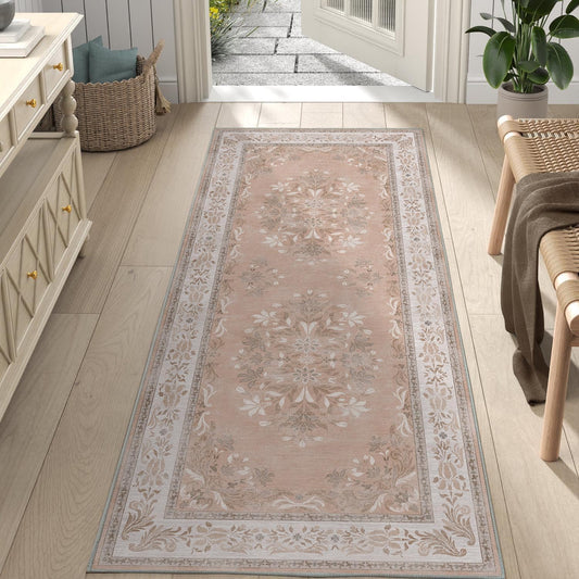 jinchan Vintage Floral Runner Rug 2x5 - Machine Washable Distressed Design Non-Slip Low-Pile Soft Thin Carpet for Hallway Kitchen Farmhouse Bedroom Entryway Laundry Room (2x5ft,Coral Pink)