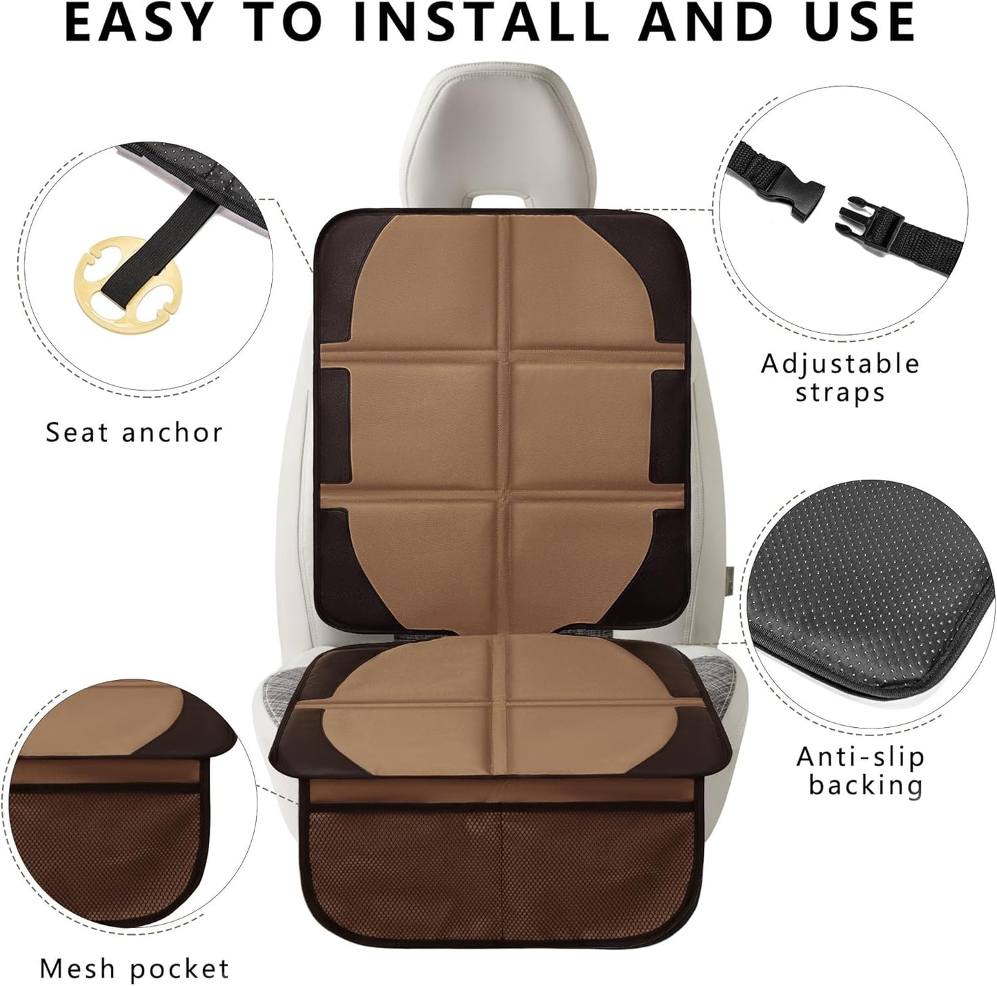 Car Seat Protector, 2 Pack Baby CarSeat Covers with Mesh Pockets & Non-Slip Backing 600D Durable Seat Protectors Under Car Seat for Baby (Black & Brown, Large)