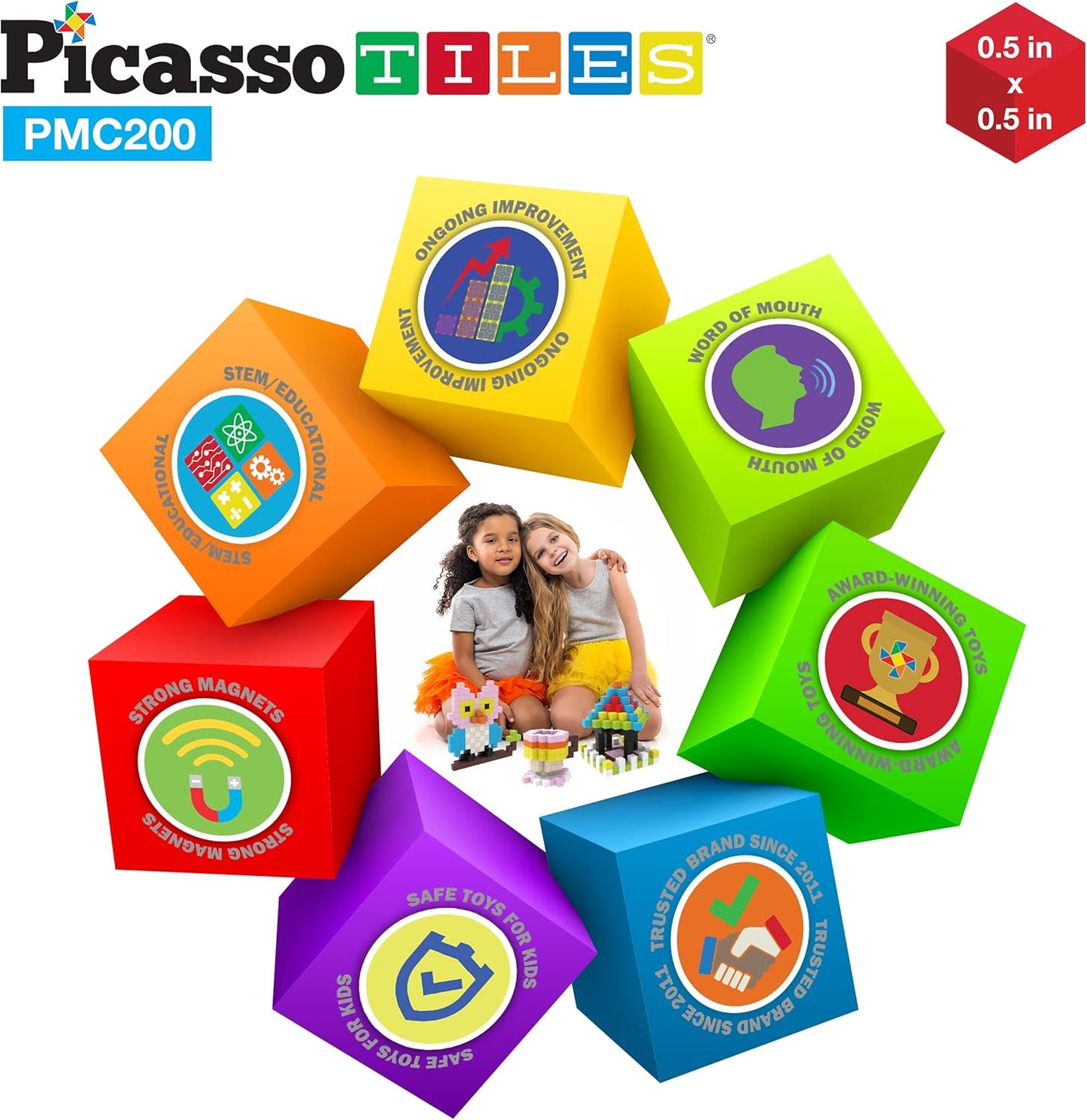 Picasso Cubes 0.5” Pixel Magnetic Puzzle Cube 200 Piece Mix & Match Sensory Toys STEAM Education Learning Building Block Magnets Children Construction Toy Set Stacking Magnet Creative Kit PMC200