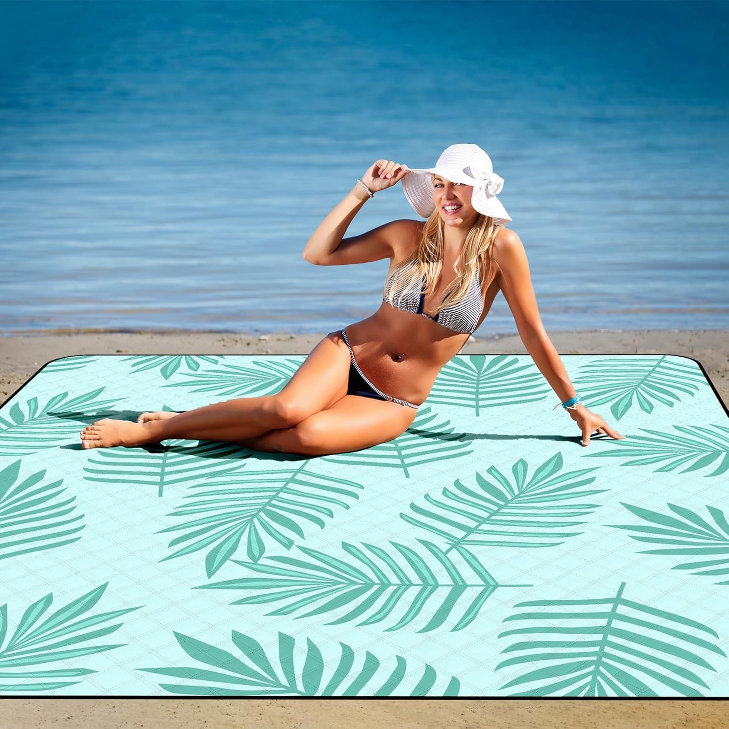 Picnic Blankets Waterproof Sandproof, 79''x79'' Extra Large Foldable & Portable Beach Blanket, 3-Layer Fabric Outdoor Mat for Family Camping, Park, Travel, Grass Lawn, Adults & Kids-Tropical Fern