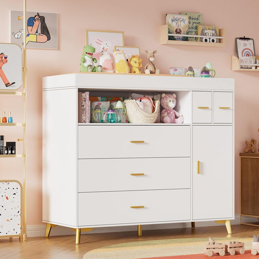 PakaLife Changing Table with Drawers, White Drawer Dresser,Changing Table Dresser with 5 Drawer & Cabinet…