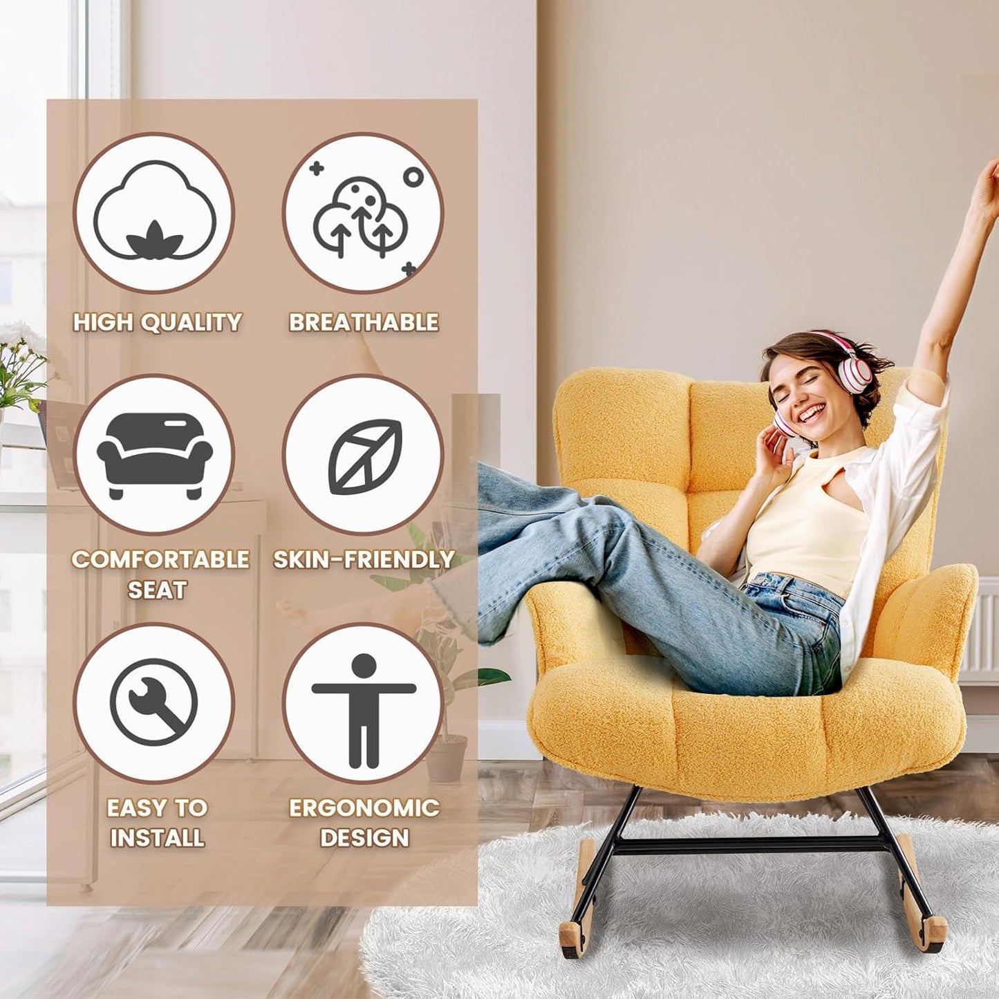 Rocking Chair Nursery Teddy Upholstered Glider Rocker Rocking Accent Chair Padded Seat with High Backrest Armchair Comfy Side Chair for Living Room Bedroom Offices (Yellow Teddy)