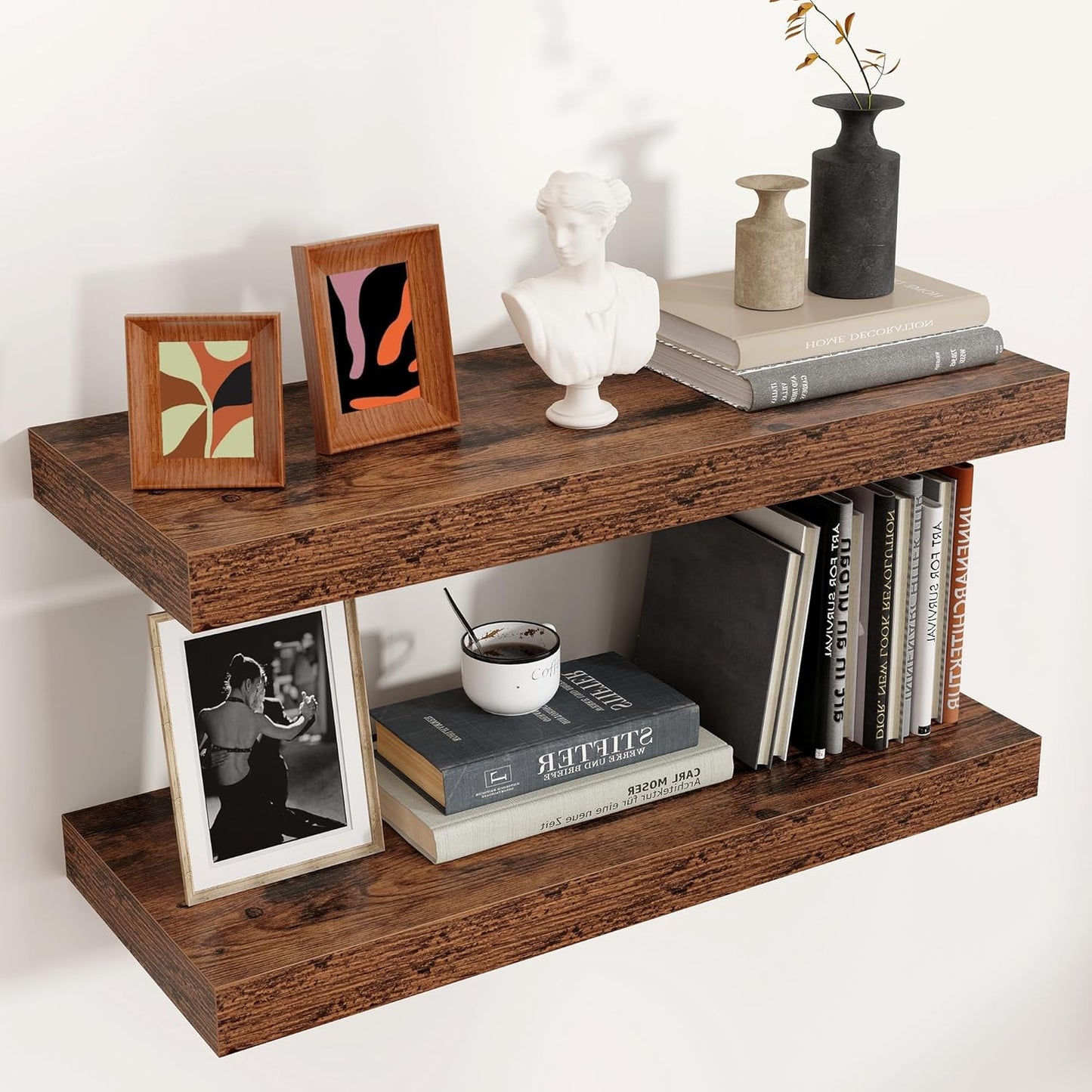 Floating Shelves - 2 Large Wall Mounted Shelves with Invisible Brackets, Long Wood Floating Wall Shelf for Living Room, Bedroom, Kitchen, (Brown, 24" W x 9" D x 1.5" H)