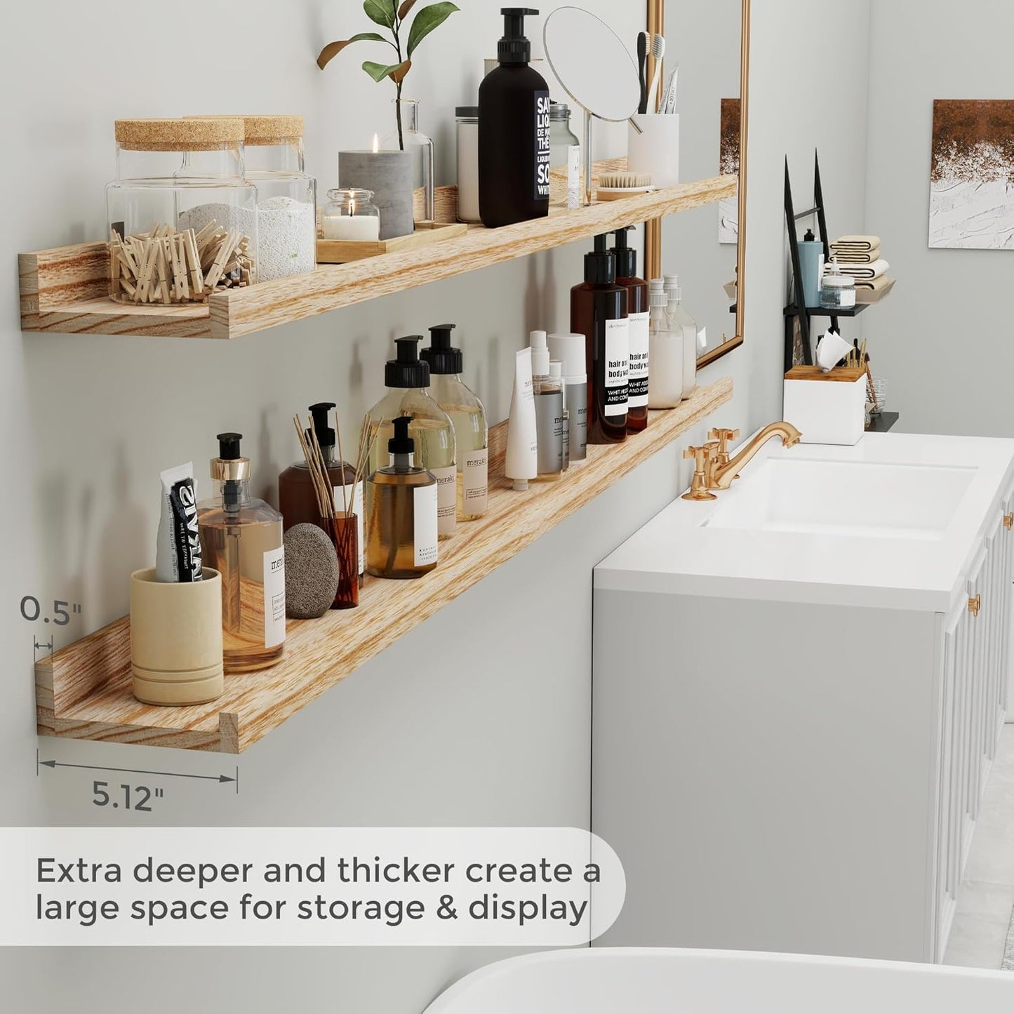 Fun Memories 72 Inch Floating Shelves for Wall with Lip, Natural Wood Long Picture Shelves Photo Shelf with Ledge, Rustic Wall Mounted Long Shelves for Home Decor & Storage, Set of 2