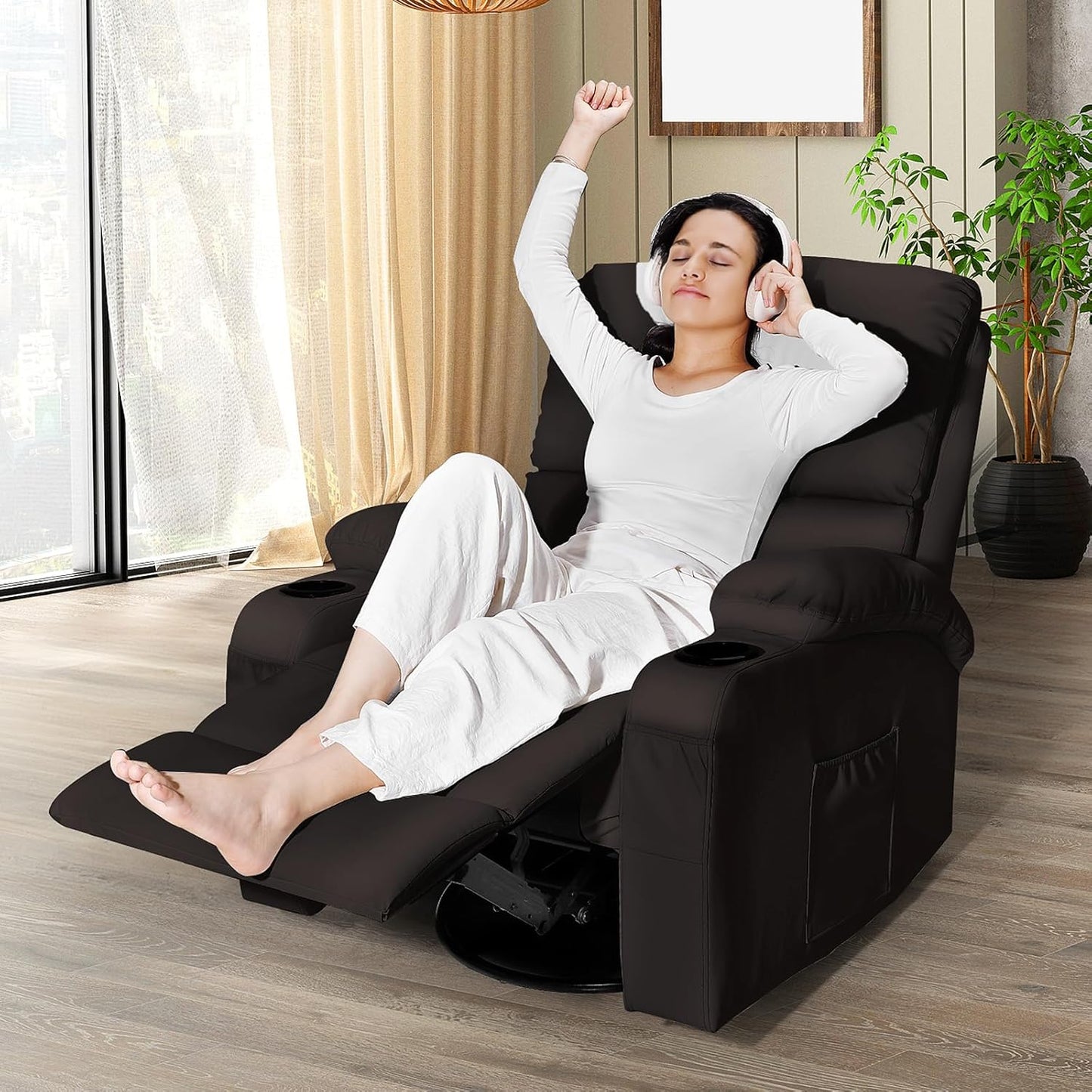 Rocking Recliner Chair, Massage Rocker Recliner Chair with Vibration Massage and Heat, USB and Type-C Ports,360° Swivel Faux Leather Chairs, Living Room, Bedroom, Nursery, RV, Brown