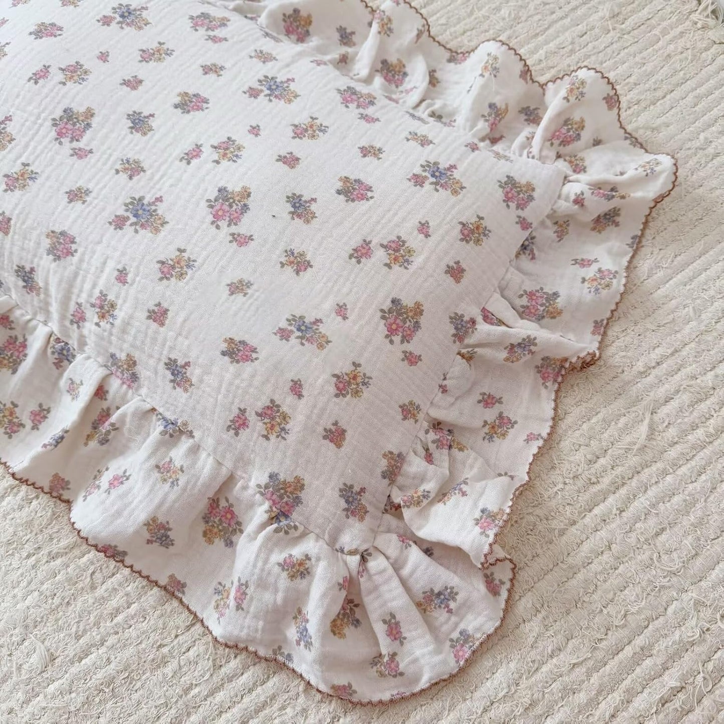 BuLuTu Chic Floral Themed Toddler Pillowcases with Ruffles, 100% Cotton Muslin Pillow Cases Crib Size Pillow Cover with Tuberose Flower Print, 14"x20", Children Bedding Gift