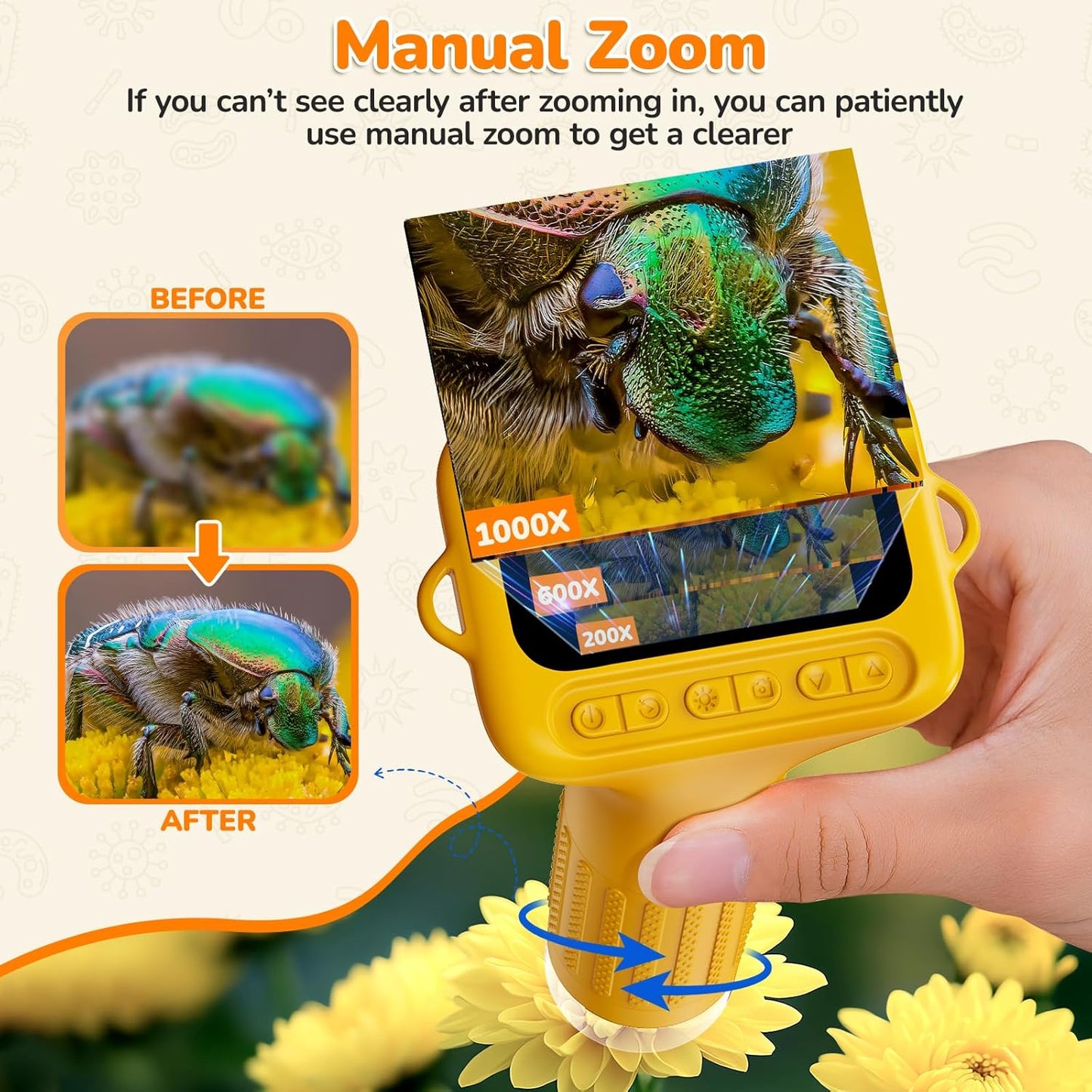 NOCOEX 1000X Handheld Kids Microscope for Edu Gift - 8 LED Light Portable Microscope for Kids, Photo & Video Mini Digital Micro Scope, Type C Charging 2'' Screen Windows & Mac OS for Age 3-12 Student