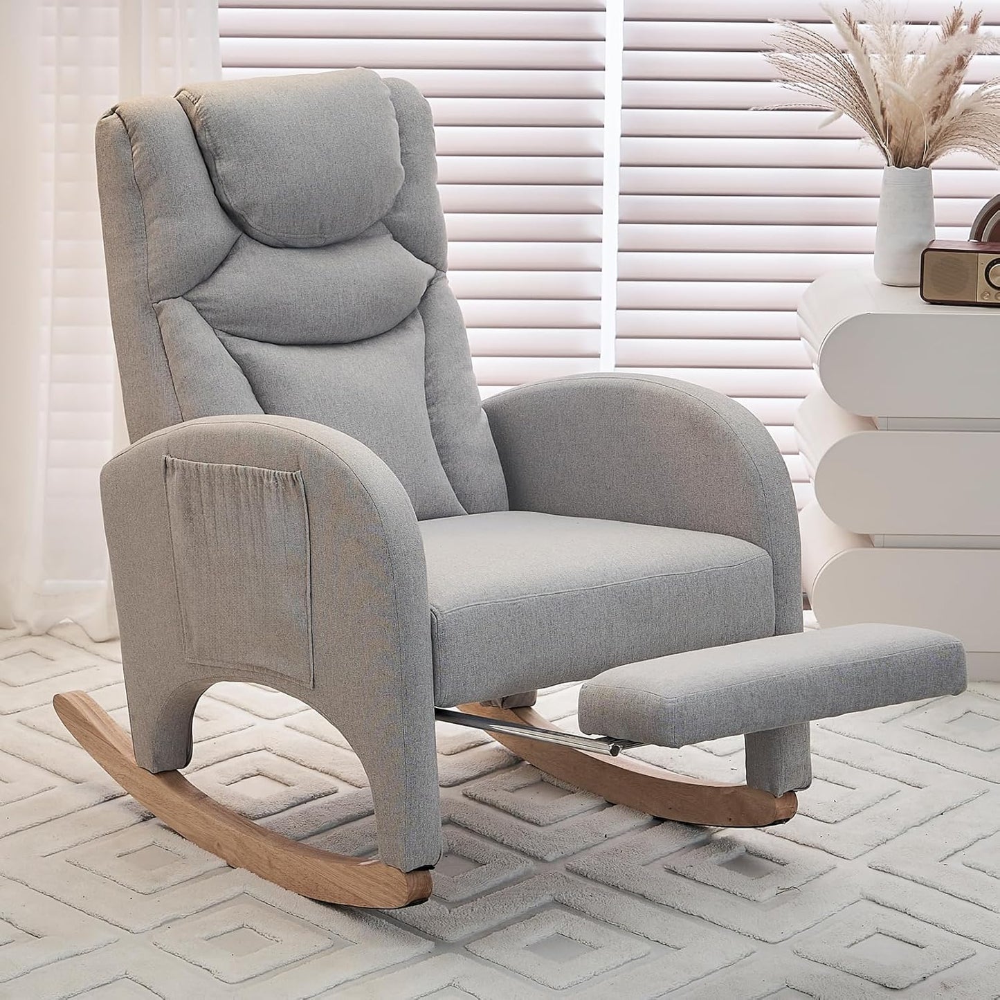 Rocking Chair Nursery, Modern Glider Chair with Adjustable Footrest and Solid Wood Legs, High Backrest Nursery Chair with Side Pocket, Rocker Armchair for Living Room Bedroom, Cotton Linen Light Gray