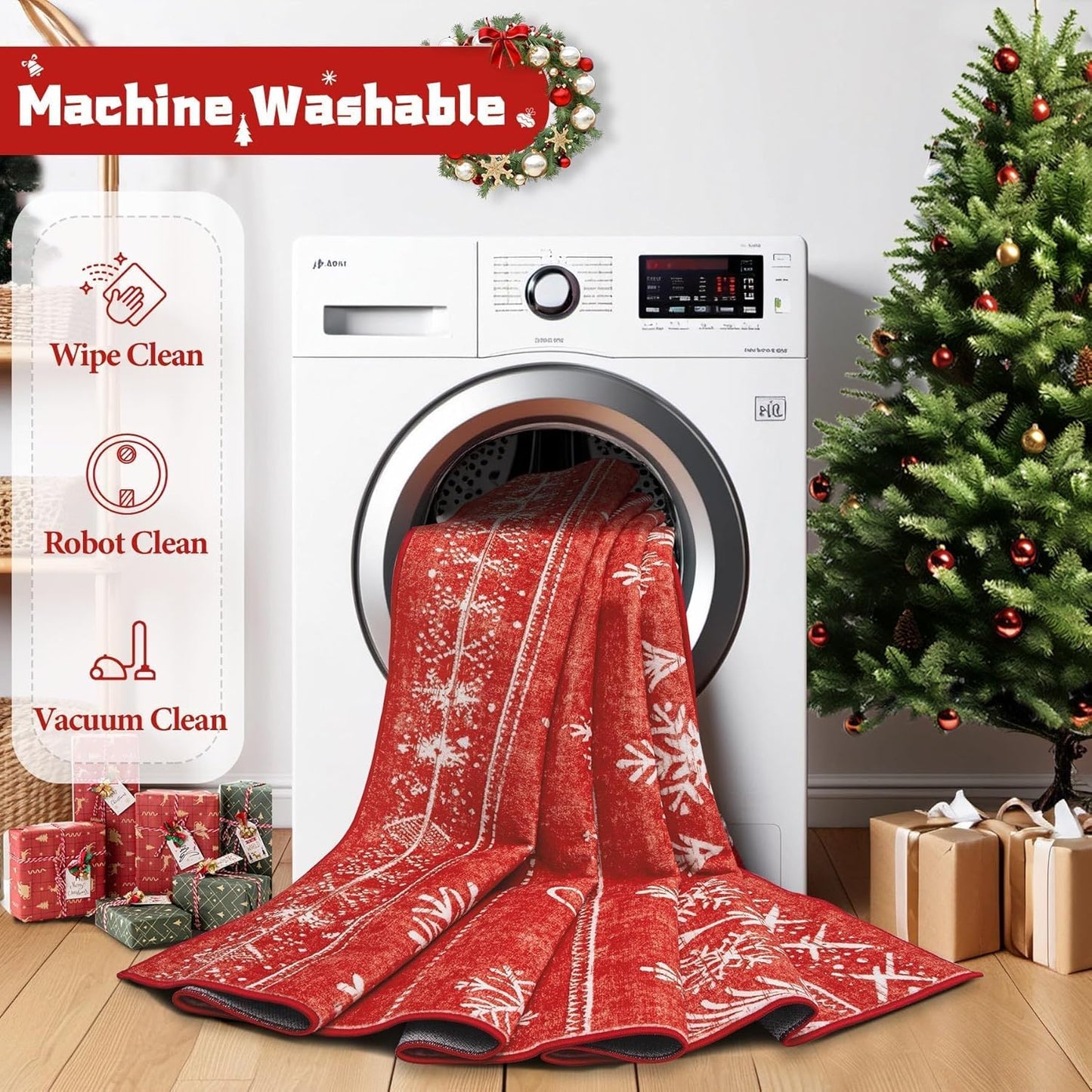 Christmas Area Rug 6x9 Red, Snowflake Washable Rugs for Bedroom Non Slip Kitchen Rug, Soft Christmas Tree Indoor Carpet for Kids Room Dining Room Entryway (6'x9', Xmas Red)