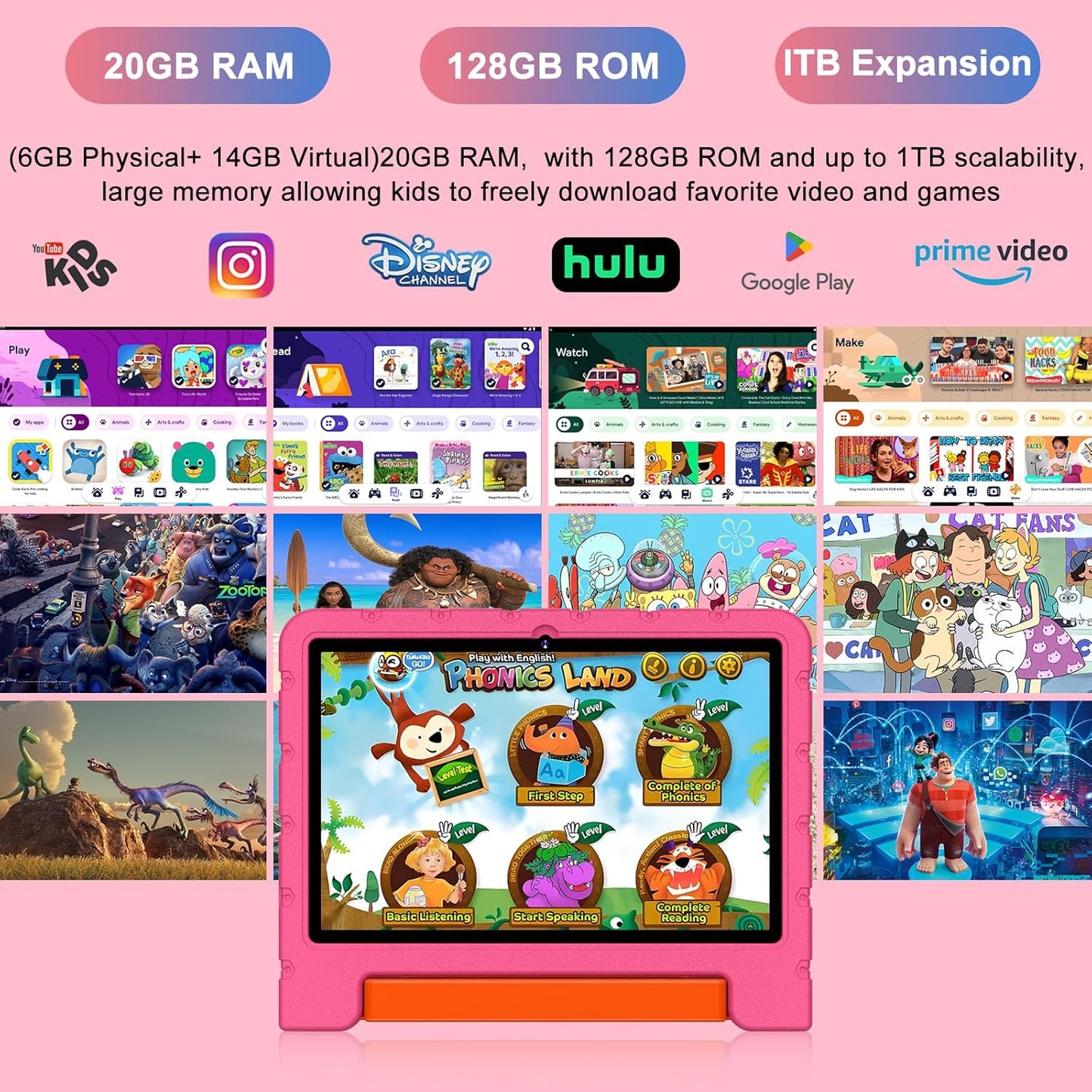 2025 Kids Tablet 10 inch Android 14 Tablets for Kid Octa-Core, 20GB+128GB (TF 1TB), Toddler Tablet with Shockproof Case, 2.4G+5G WiFi 6, Parental Control, Face Unlocked, Split Screen, BT5.0 (Rose Red)