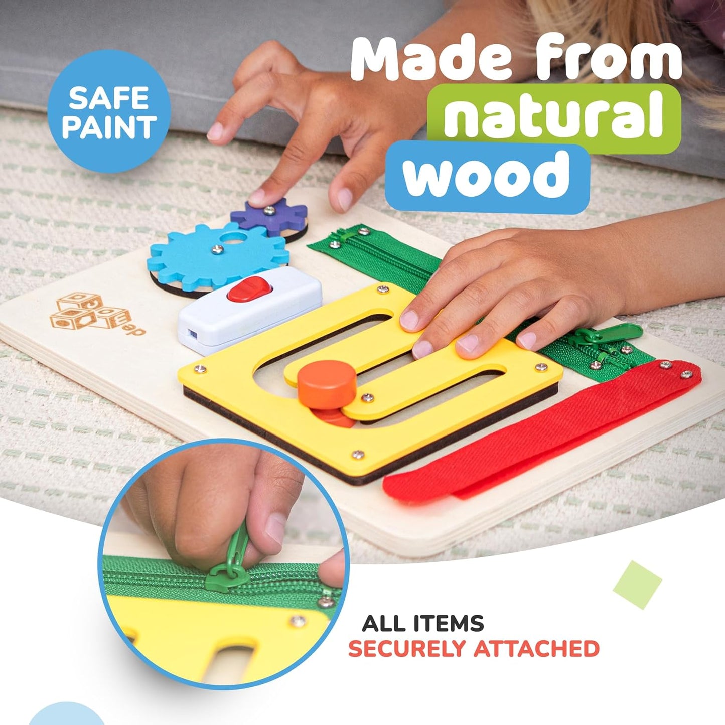 deMoca Montessori Busy Board for 1 Year Old, Premium Wooden Baby Busy Board, Airplane Toys for Toddlers 1-3, Car Travel Essential, Gift for Boys & Girls