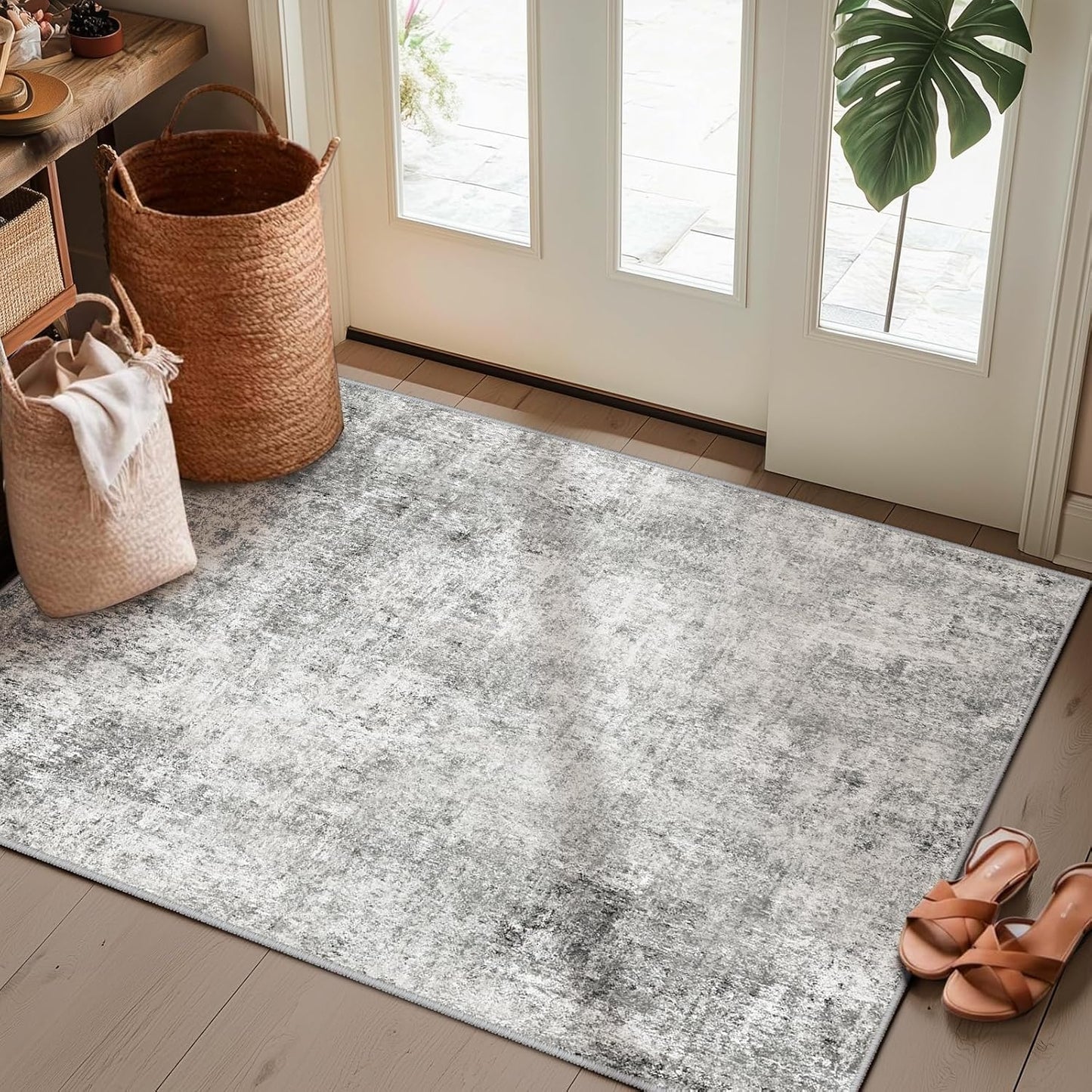 Washable Area Rugs 2'x3' Non-Slip Modern Abstract Soft for Living Room Entryway Bedroom Nursery, Print Pattern, Gray White Grey