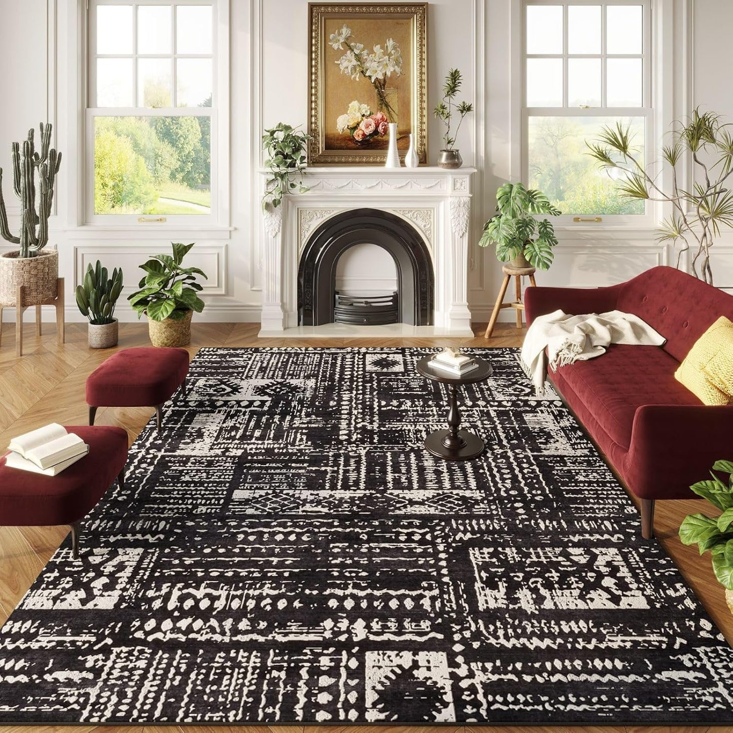 Area Rugs 8x10 Rug for Living Room Clearance Washable Boho Area Rug Non Slip Moroccan Vintage Low Pile Large Rug for Living Room, Bedroom, Farmhouse, Dining Room, Kids Playroom(Black)