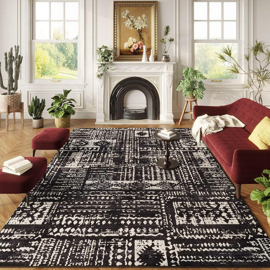 Area Rugs 8x10 Rug for Living Room Clearance Washable Boho Area Rug Non Slip Moroccan Vintage Low Pile Large Rug for Living Room, Bedroom, Farmhouse, Dining Room, Kids Playroom(Black)