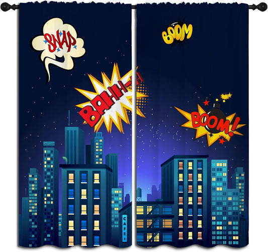 Superhero Rod Pocket Blackout Curtains for Boy Girl Bedroom, Cartoon Skyline Buildings Cityscape Home Energy Efficient Light Filtering Window Curtain for Living Room, 84x63 inch