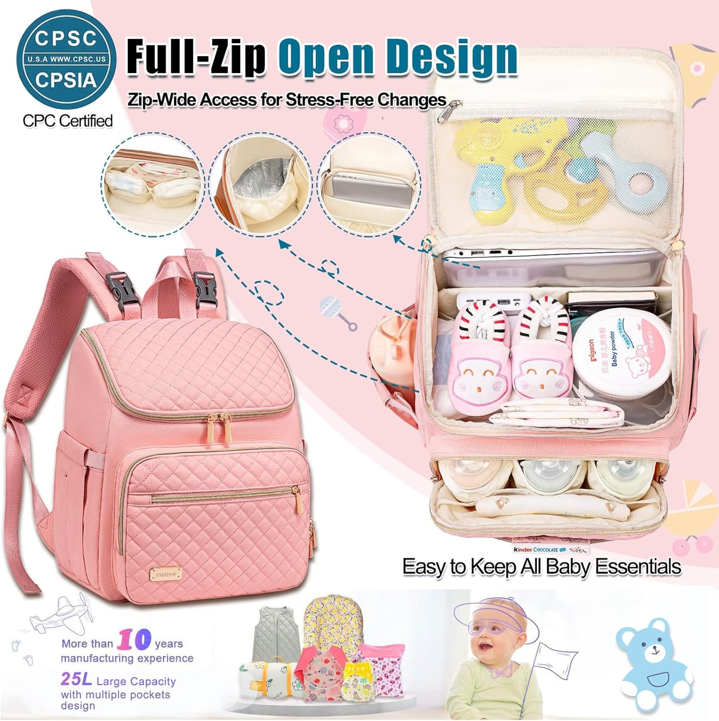 Weitars Diaper Bag Backpack Large Baby Diaper Bag with Changing Pad Travel Diaper Backpack,Baby Bag for Boys Girls,Stroller Straps,5 Insulated Pockets (Pink)