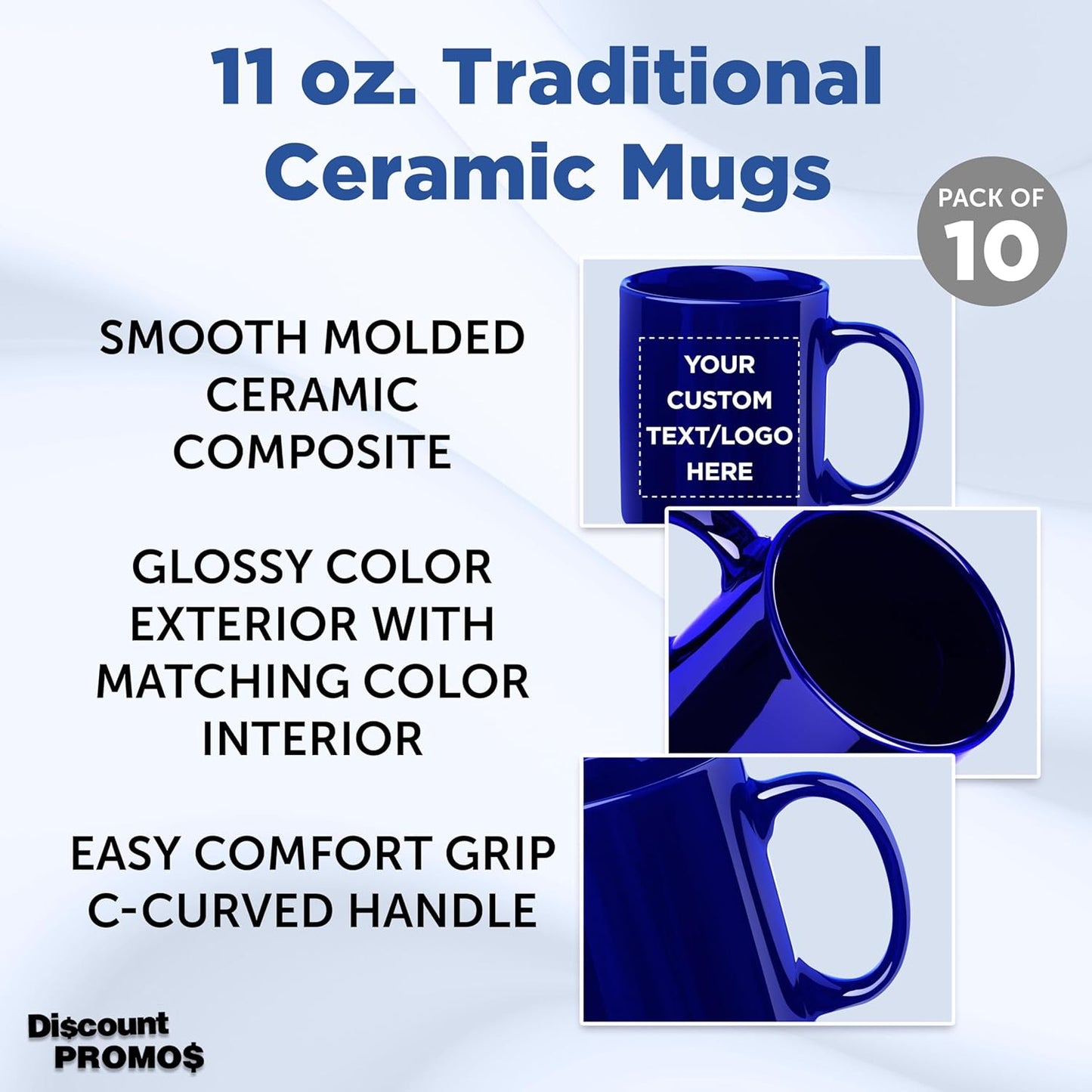Custom Ceramic Coffee Mugs 11 oz. Set of 10, Personalized Bulk Pack - Coffee cup set, Iced coffee cup, Gaming mug - Royal Blue