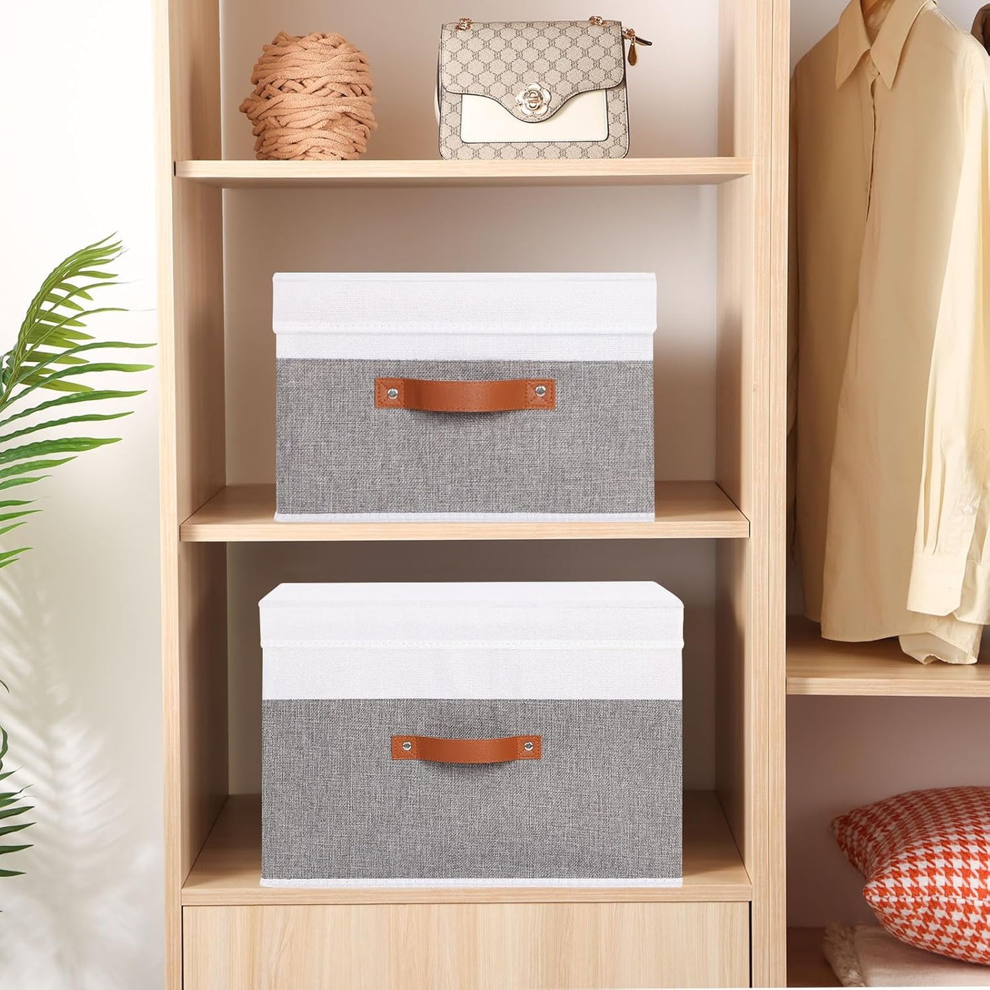 Fabric Storage Boxes with Lids, Linen Foldable Cloth Baskets, Closet Organizer Containers with Double Handles, Sweater Bins for Bedroom, White and Grey, 3 Pack, 13 x 9.1 x 7.9 Inch