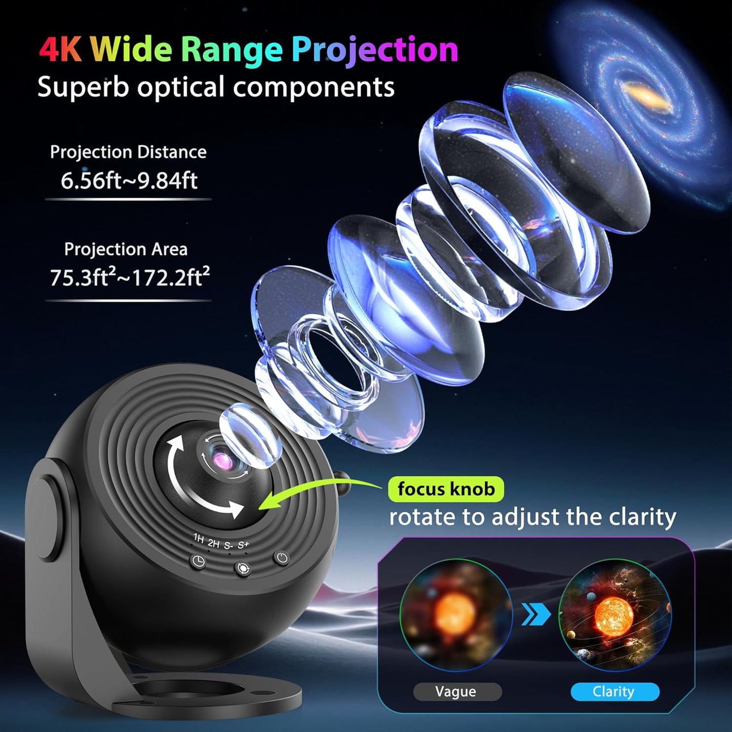 Galaxy Projector for Bedroom, HD Image Star Projector Galaxy Light Adjustable Knob, 13 Film Discs Planetarium Projector for Kids, 360° Rotating 1/2h Timer Simple 3-Button Control