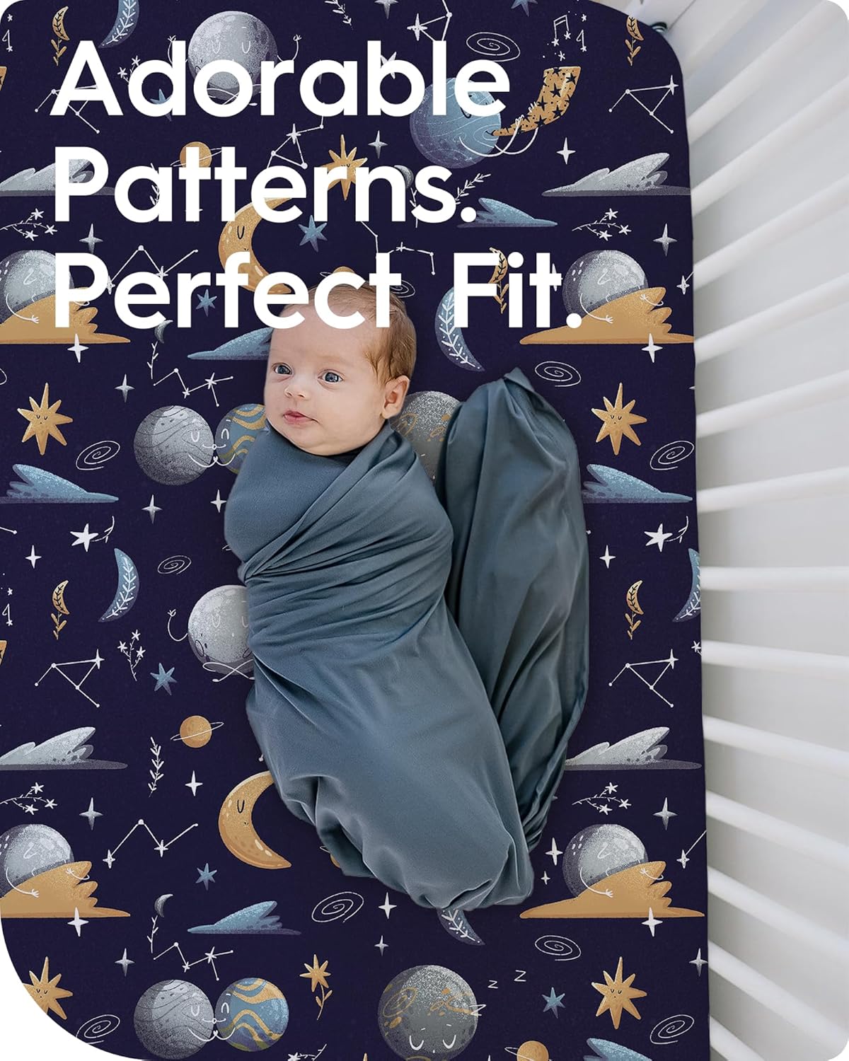 Crib Sheet for Boy Girl, Premium Soft Jersey Knit Fitted Crib Sheet, Safe and Snug, Durable, Stylish Crib Sheet, 28''x52''x9'' Extra Deep Pocket, Night Space