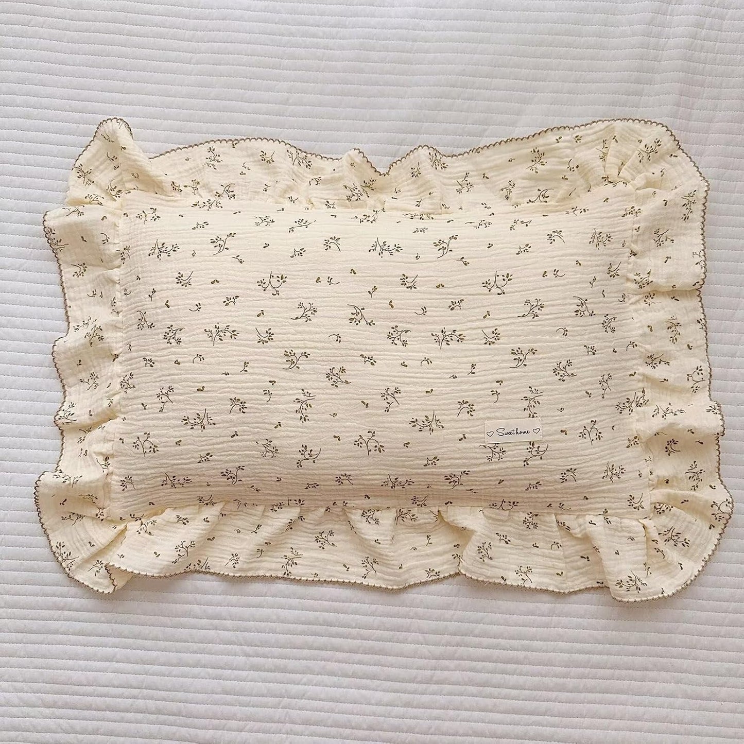 BuLuTu Olive Pattern Toddler Pillowcases Cotton Muslin Kids Pillow Case 14"x20", Soft Breathable Girls Boys Pillow Cover with Ruffle Edges, Envelop Closure, Children Bedding Decor