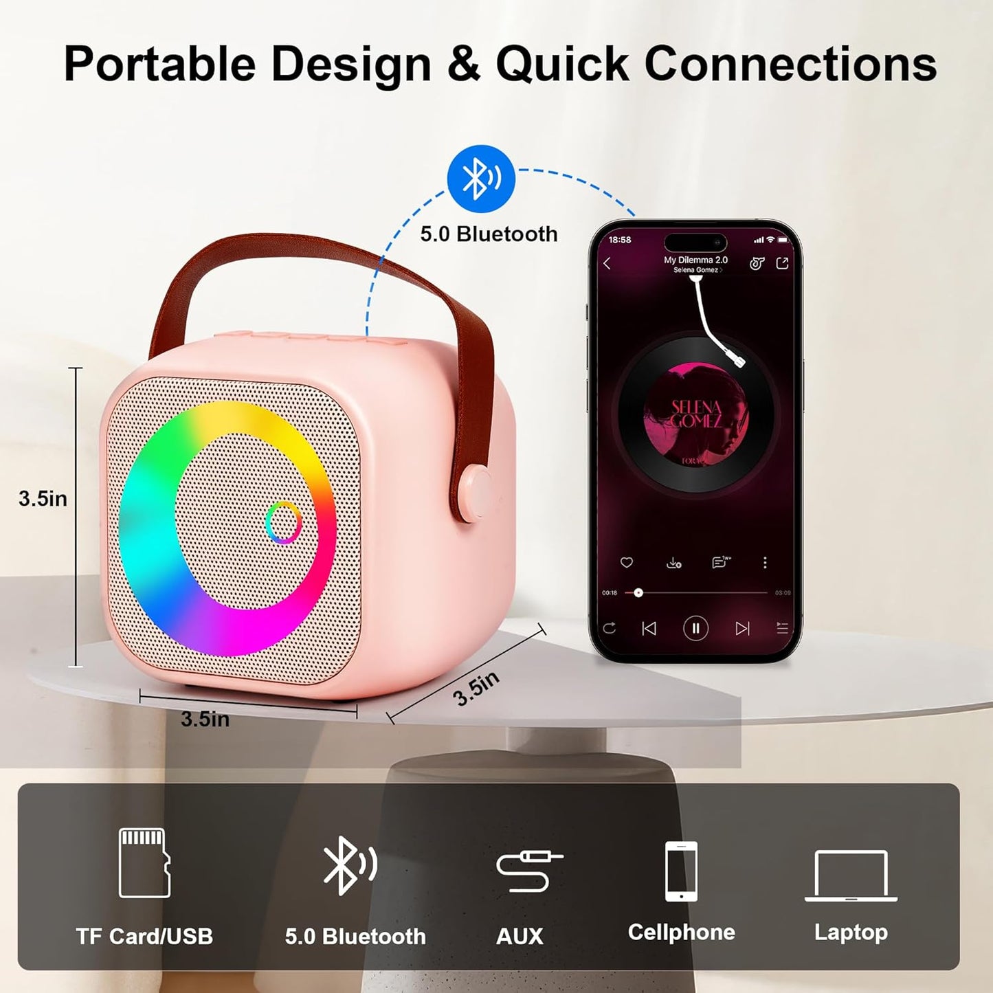 Portable Karaoke Machine with Bluetooth, Party Lights, 2 Wireless Microphones for Adults Kids Karaoke Speaker Birthday Gifts for Girls Boys Family Home Party (Pink 2 Mics)